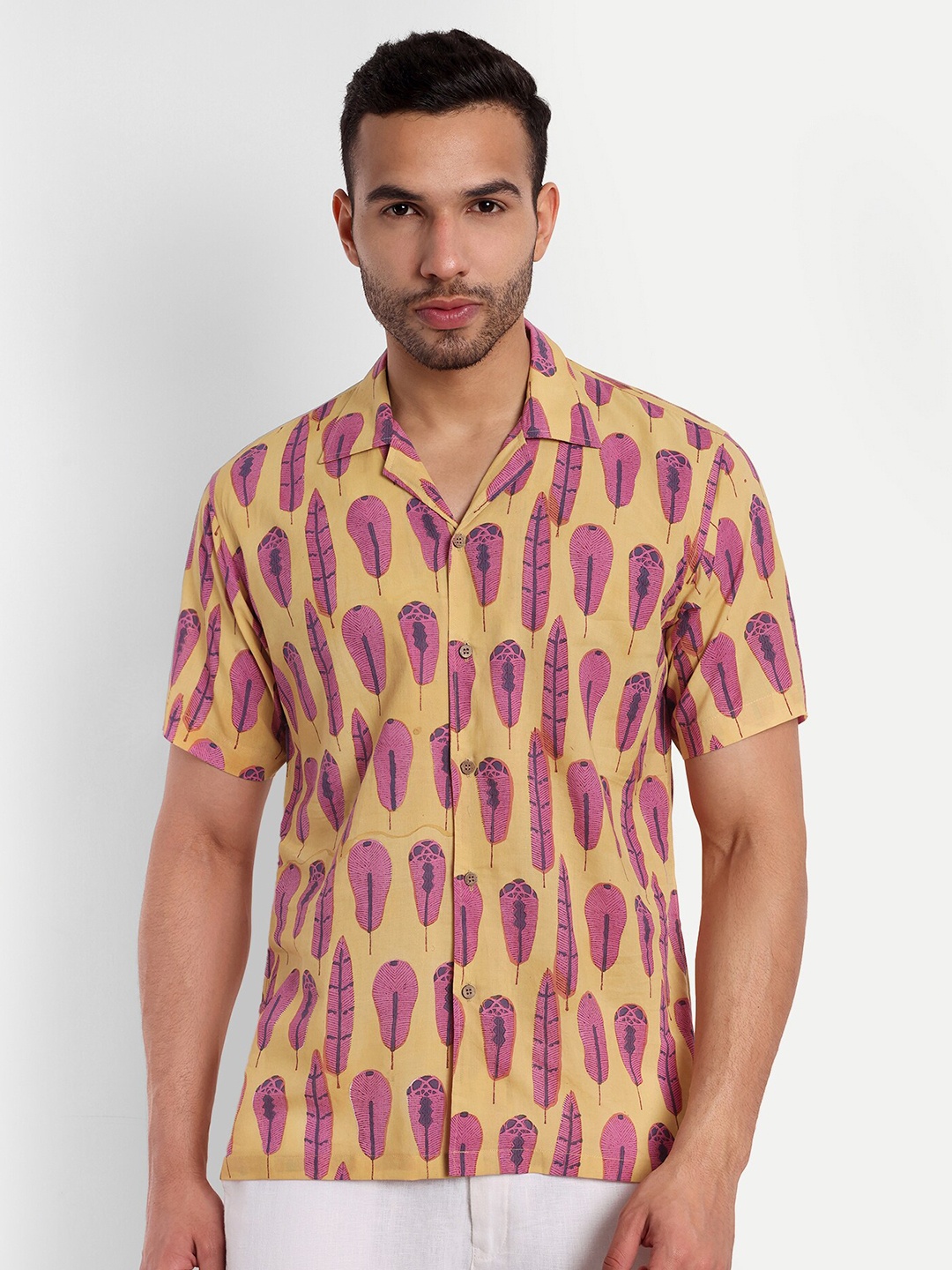 

Aashima Wahal Feather Printed Comfort Cotton Casual Shirt, Yellow