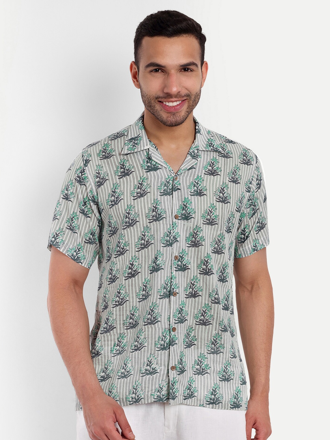 

Aashima Wahal Floral Printed Cuban Collar Comfort Cotton Casual Shirt, White