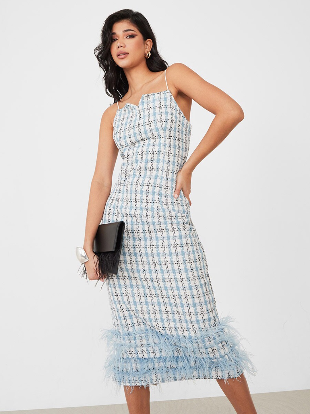 

Styli Blue Spaghetti Strap Checked A-Line Midi Dress