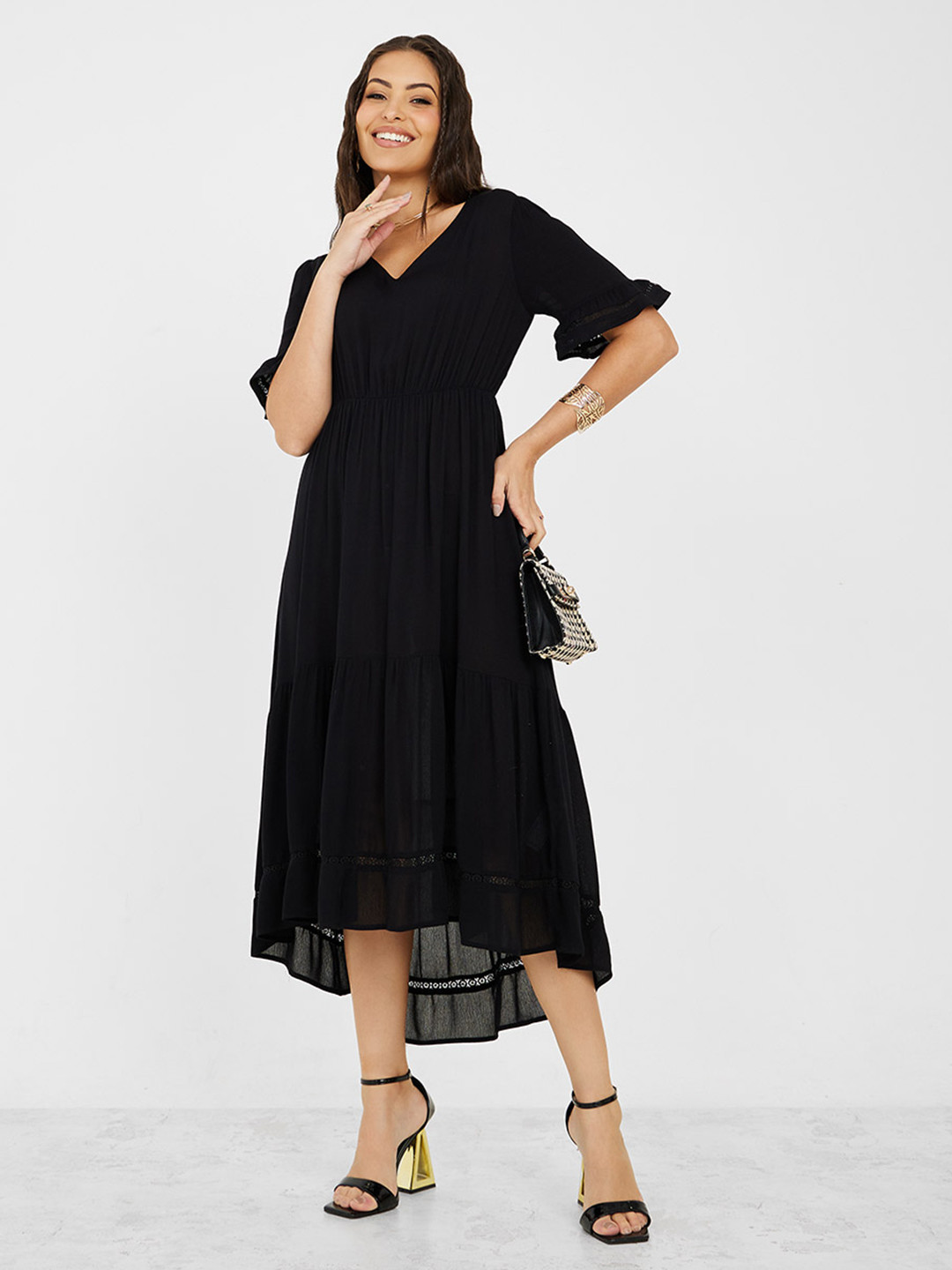 

Styli Solid Flared Sleeves Fit & Flare Viscose Rayon Midi Dress, Black