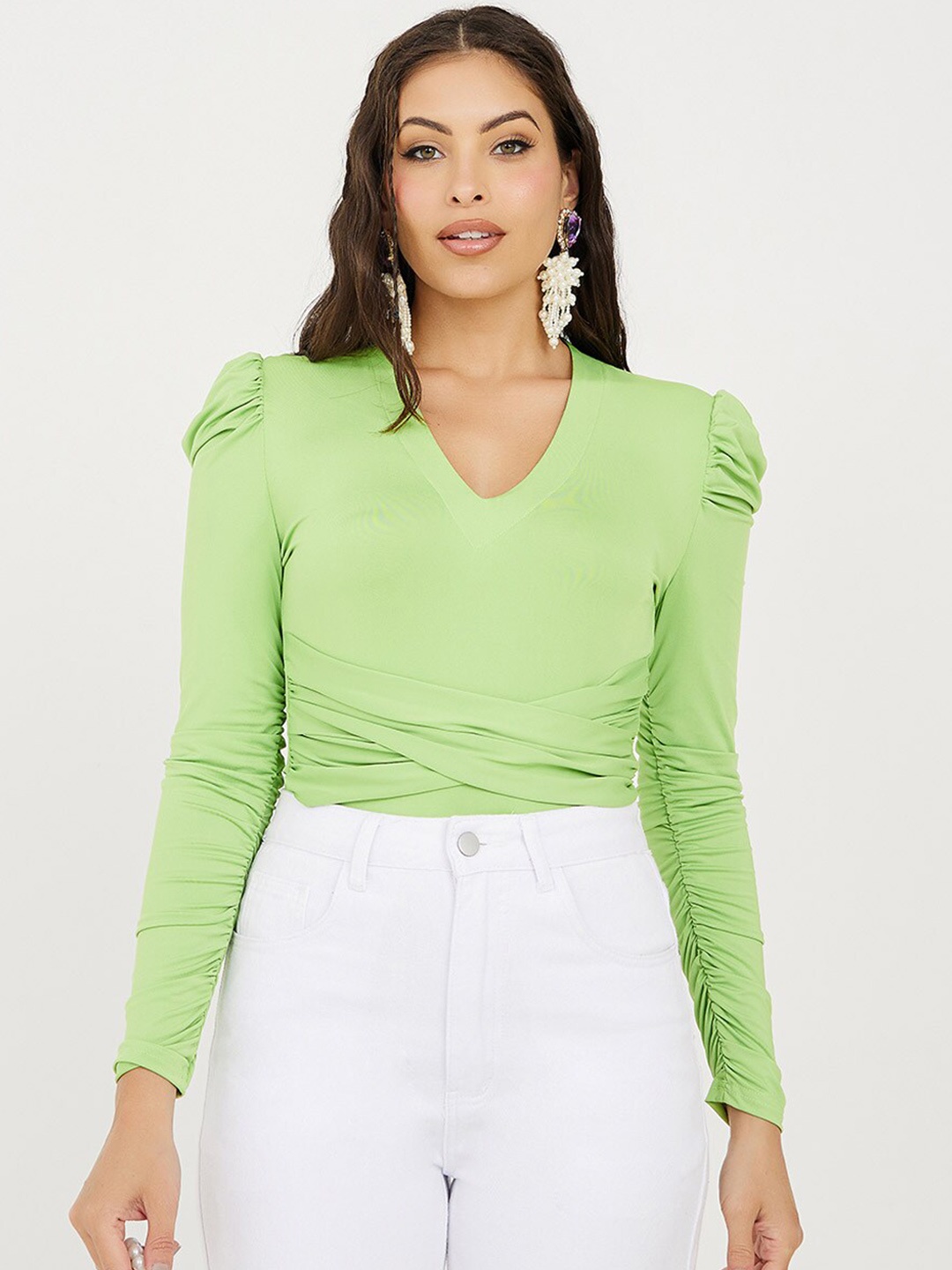 

Styli Criss-Cross Designed V- Neck Bodysuit, Green