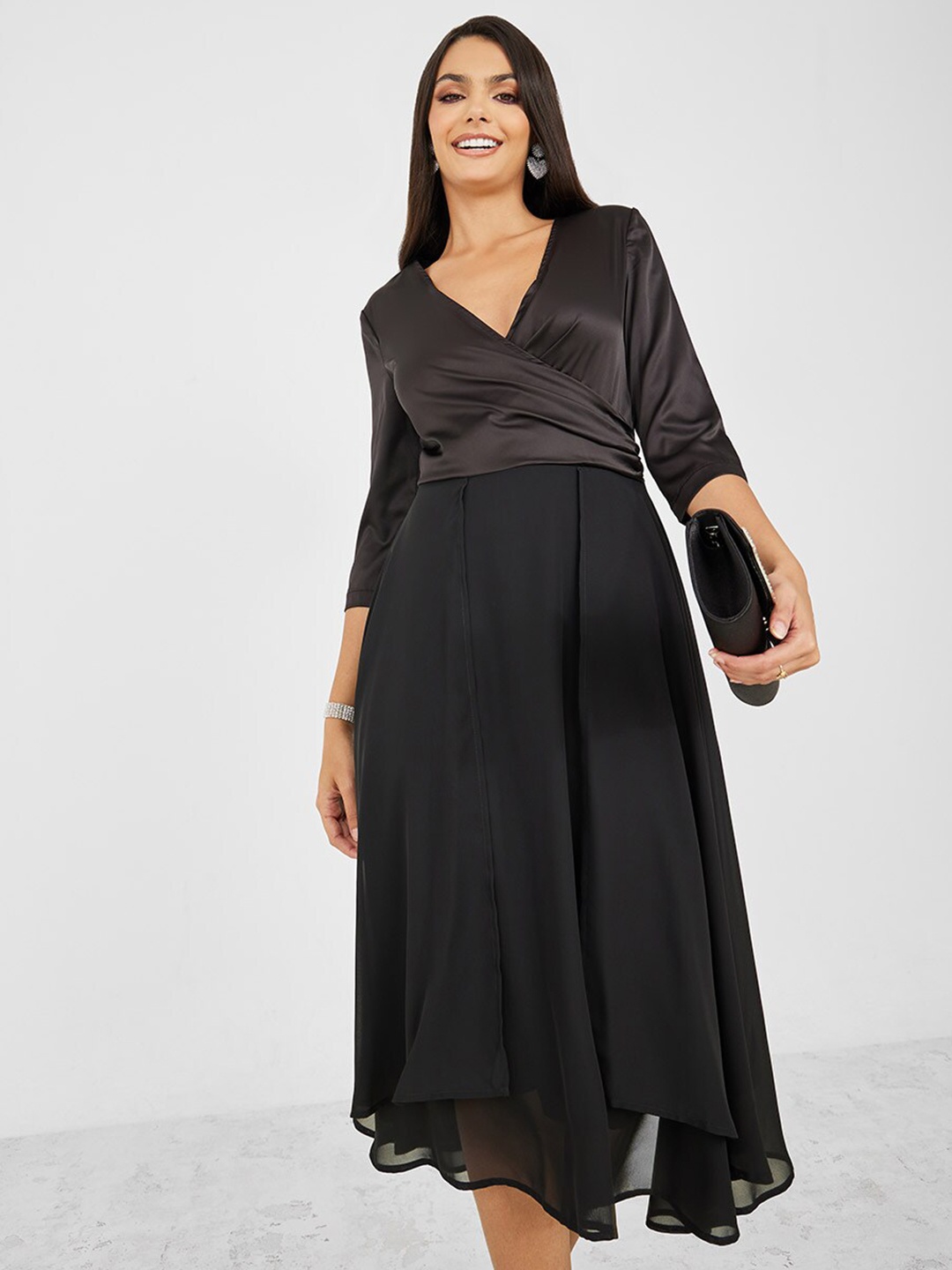 

Styli Solid V-Neck Wrap Style Midi Dress, Black