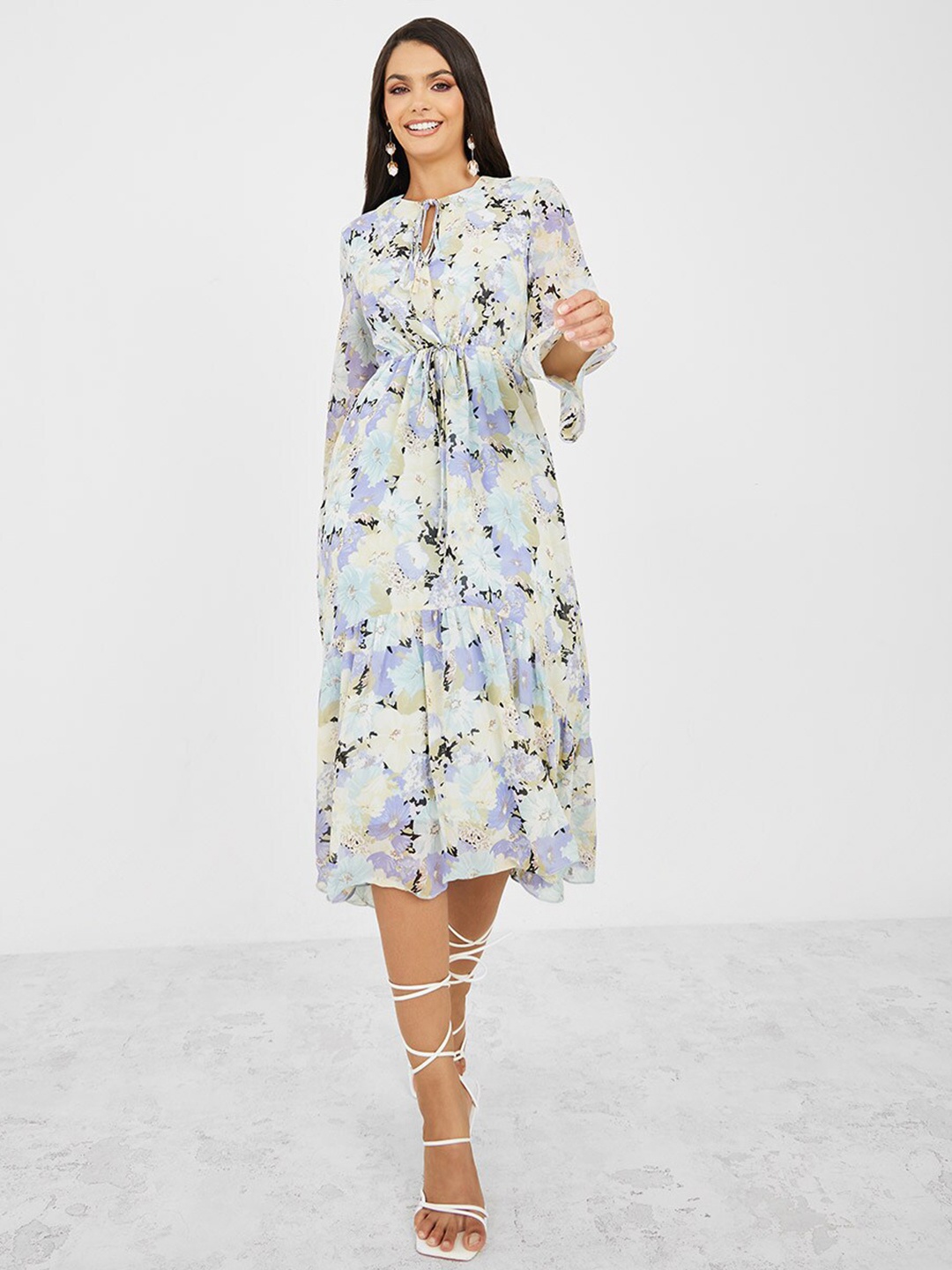 

Styli Floral Print Tie-Up Neck Fit & Flare Dress, White