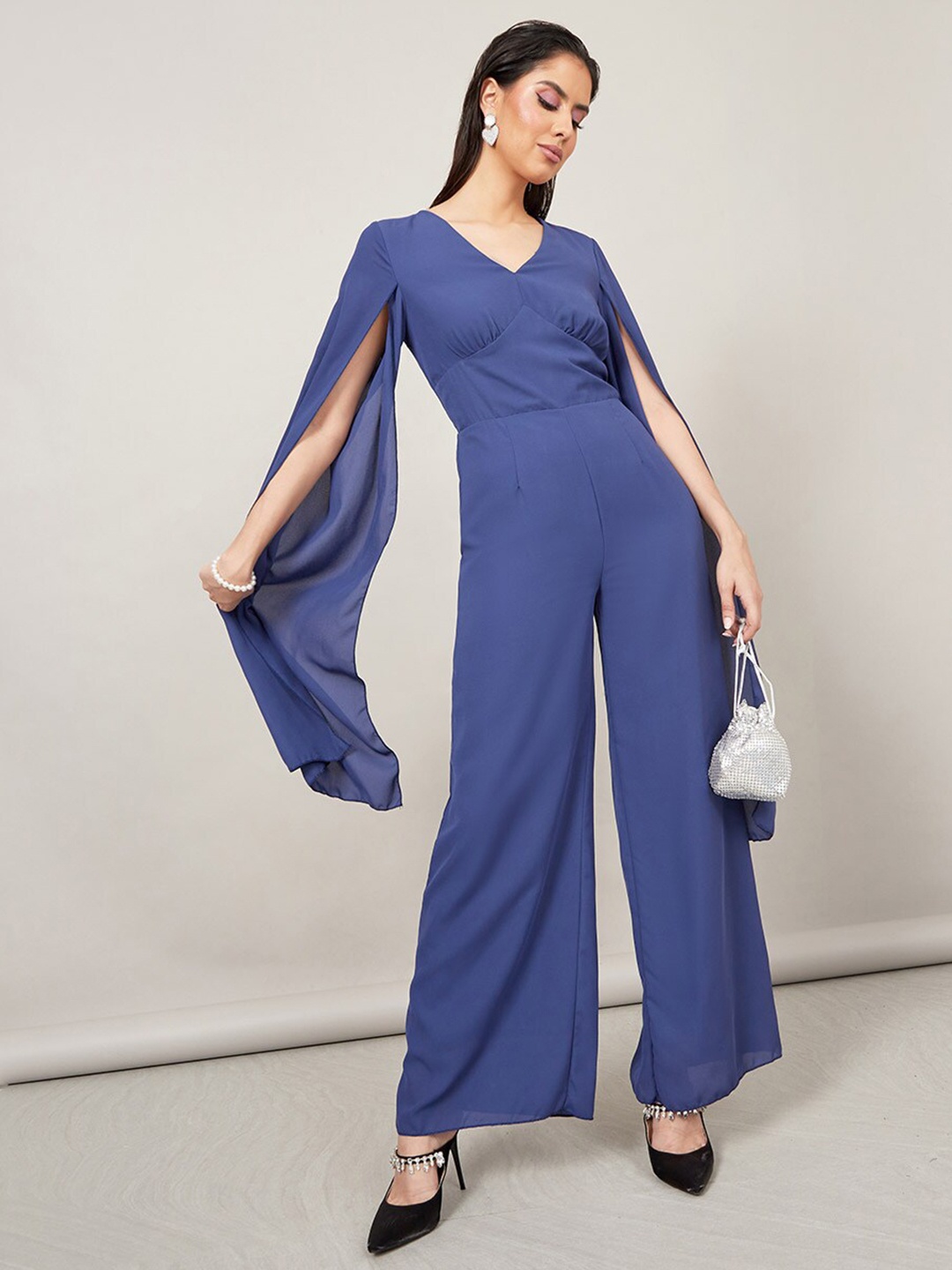 

Styli V-Neck Slit Sleeves Basic Jumpsuit, Navy blue