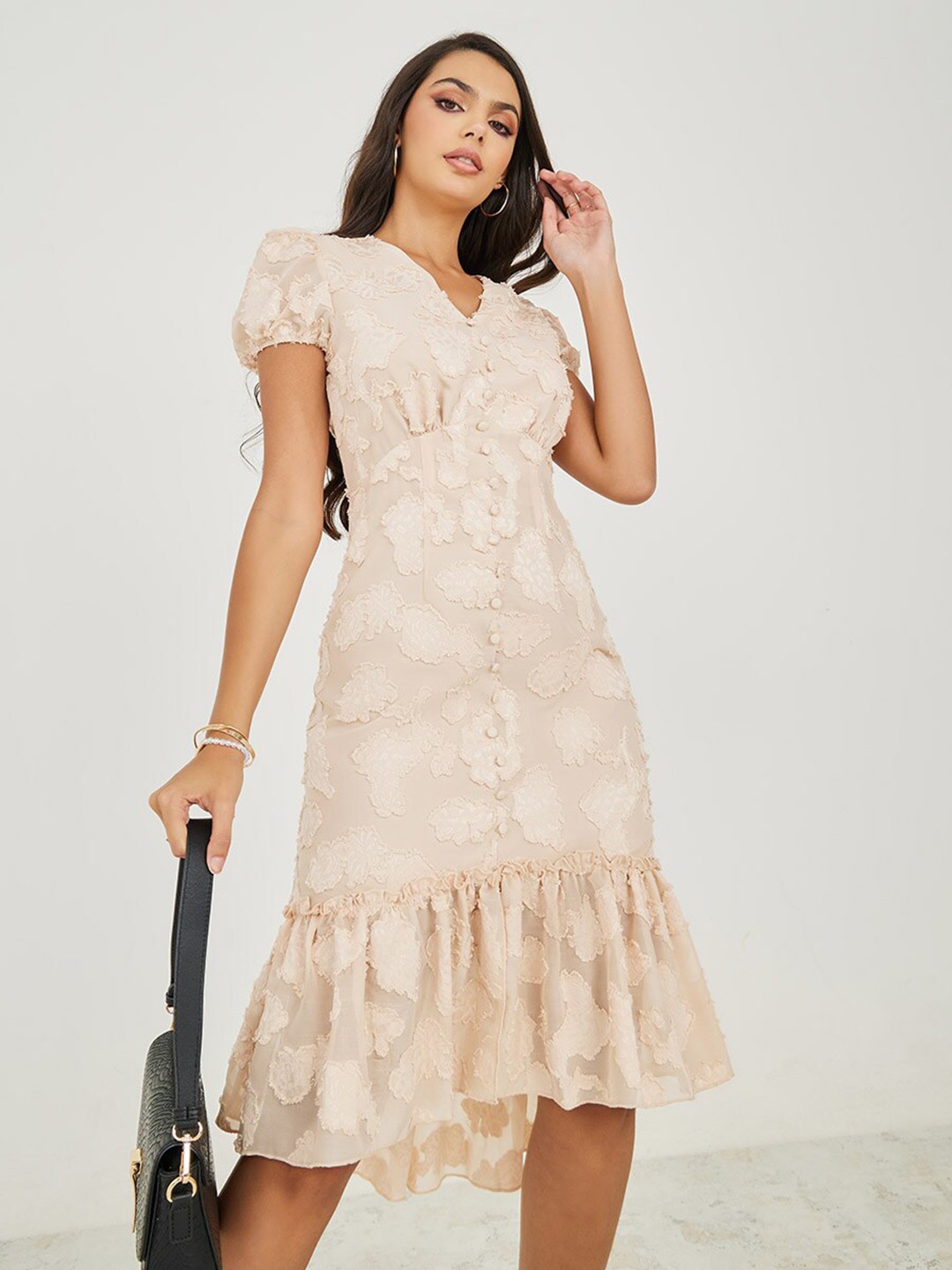 

Styli Self Design Drop-Waist Puff sleeves Midi Dress, Beige