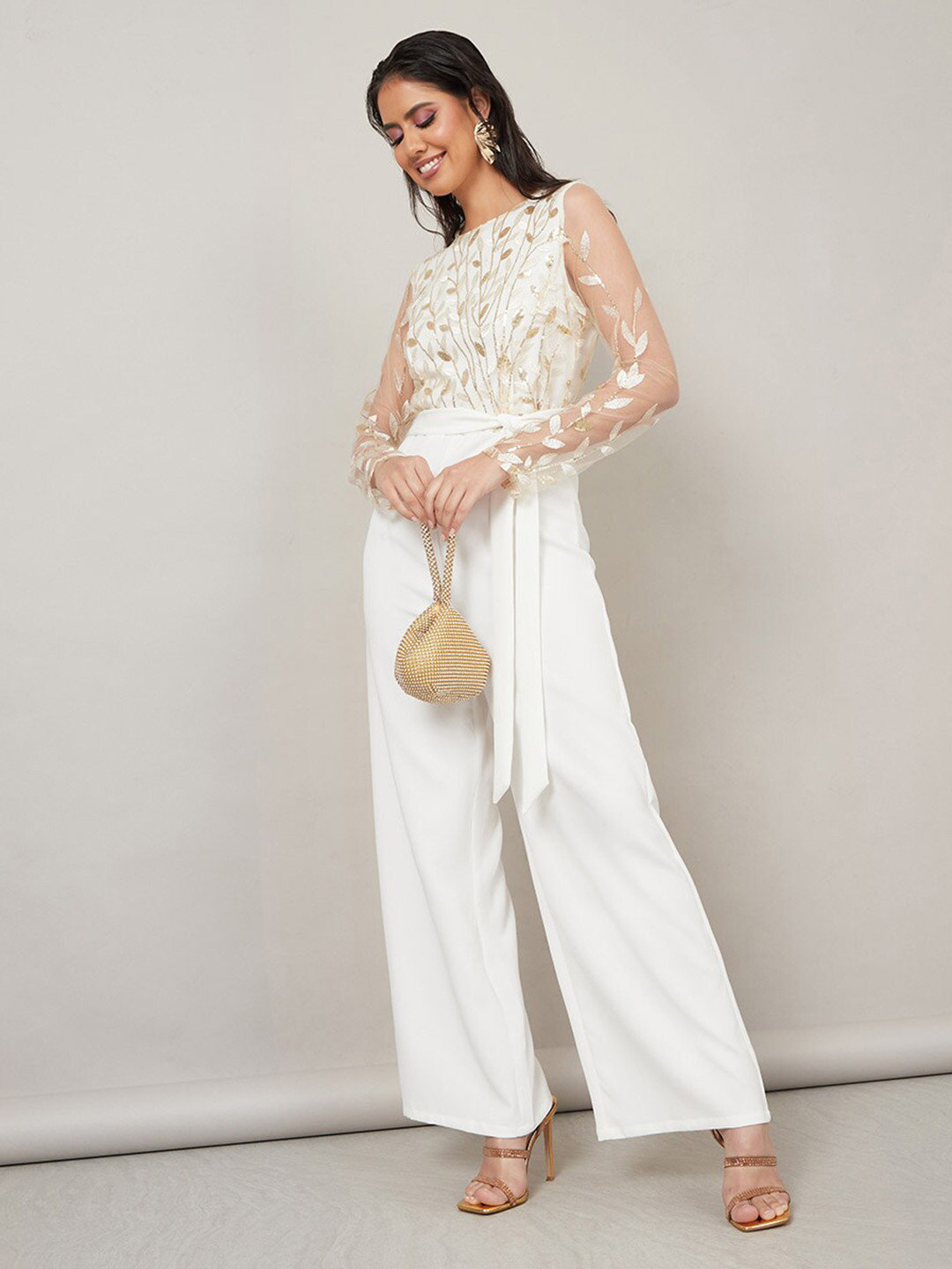 

Styli Embellished Long Sleeves Waist Tie-Ups Basic Jumpsuit, Gold