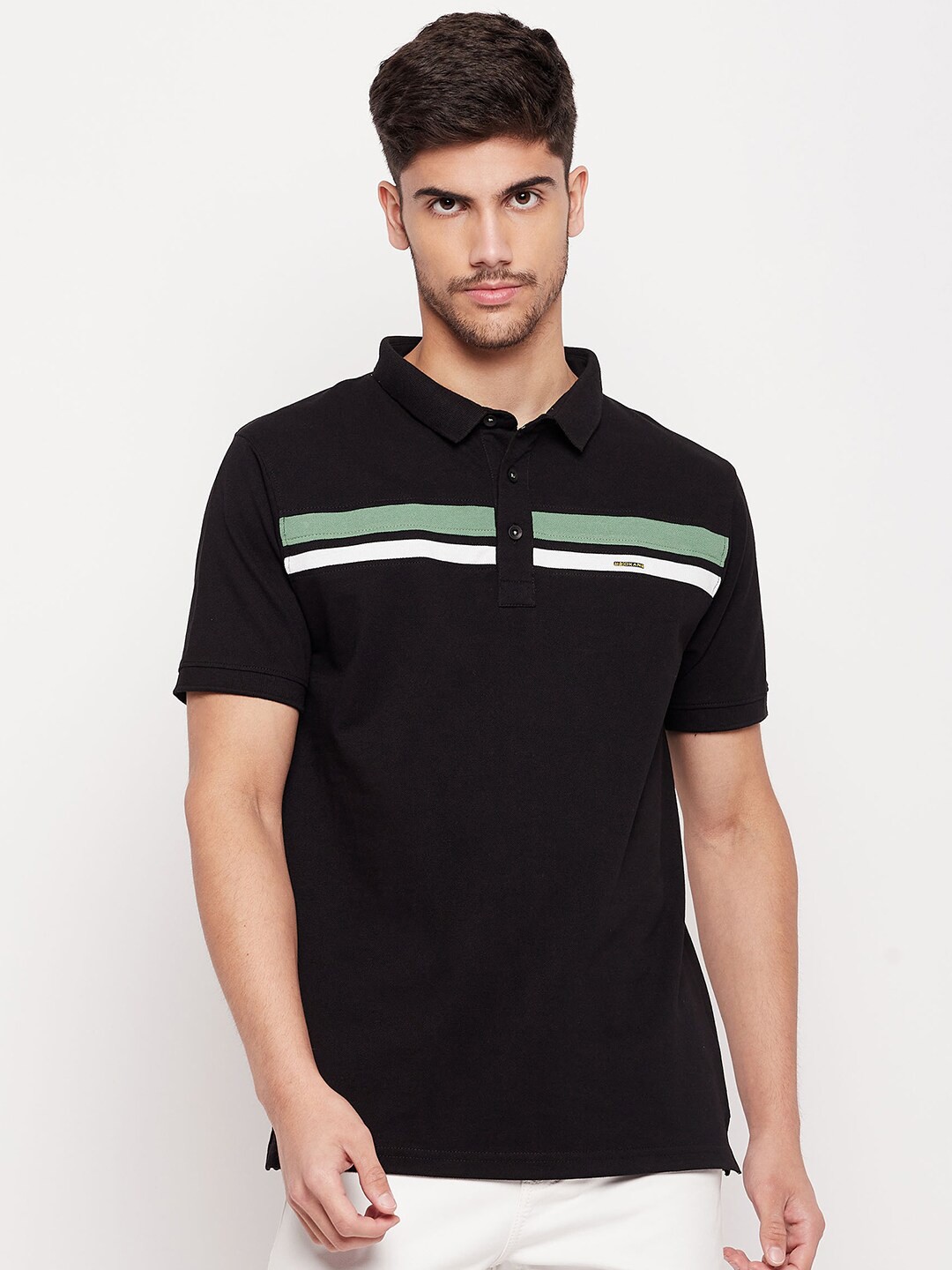 

Okane Striped Polo Collar Cotton T-shirt, Black