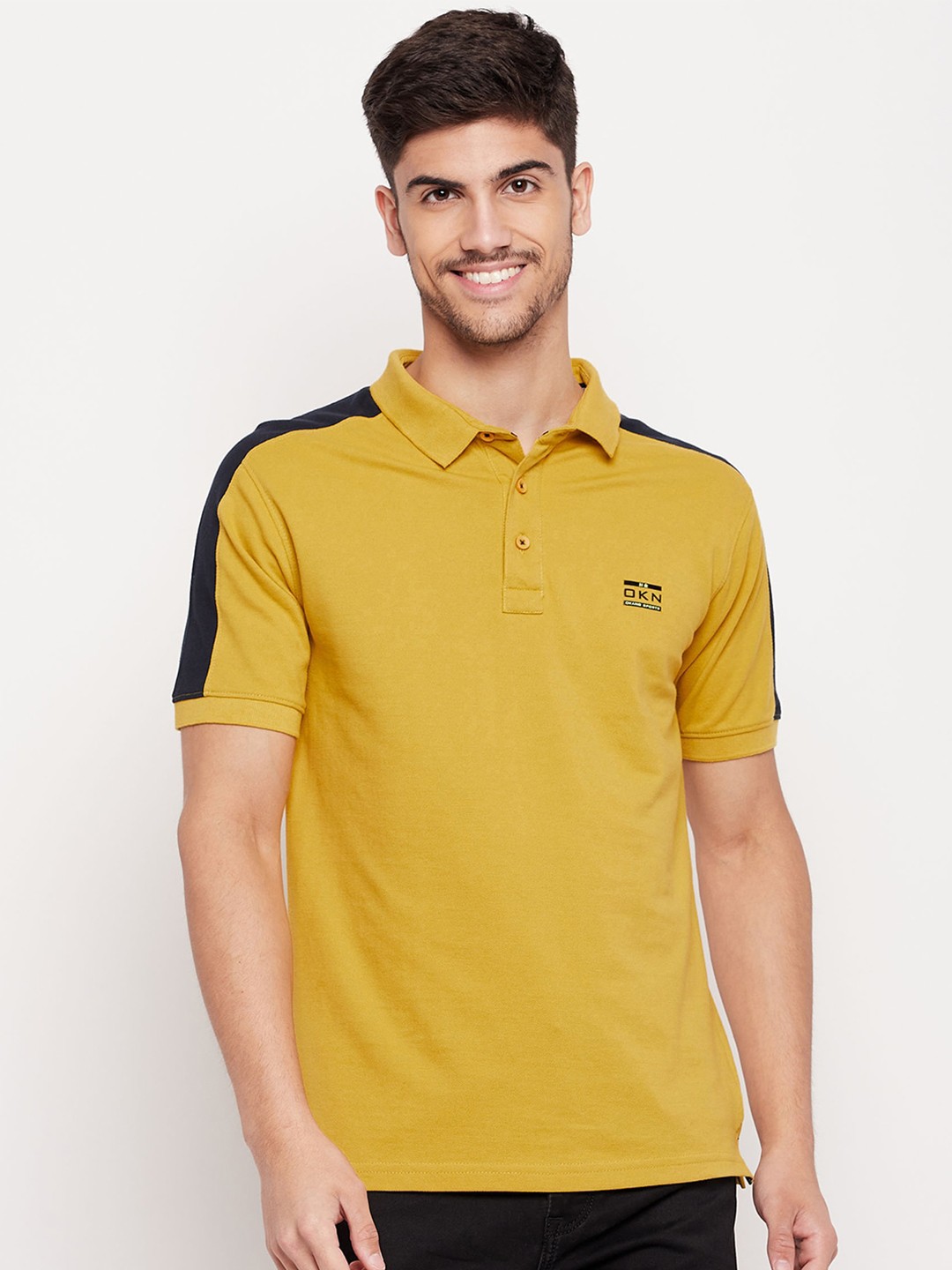 

Okane Striped Polo Collar Cotton T-shirt, Mustard