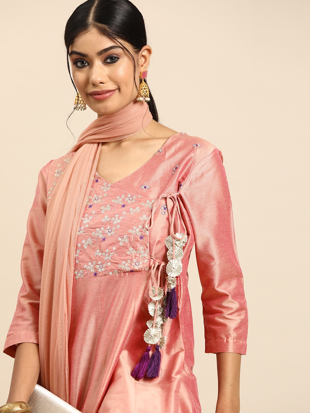 

Sangria Embroidered Detail Wrap Designed Kurta with Palazzos & Dupatta, Rust