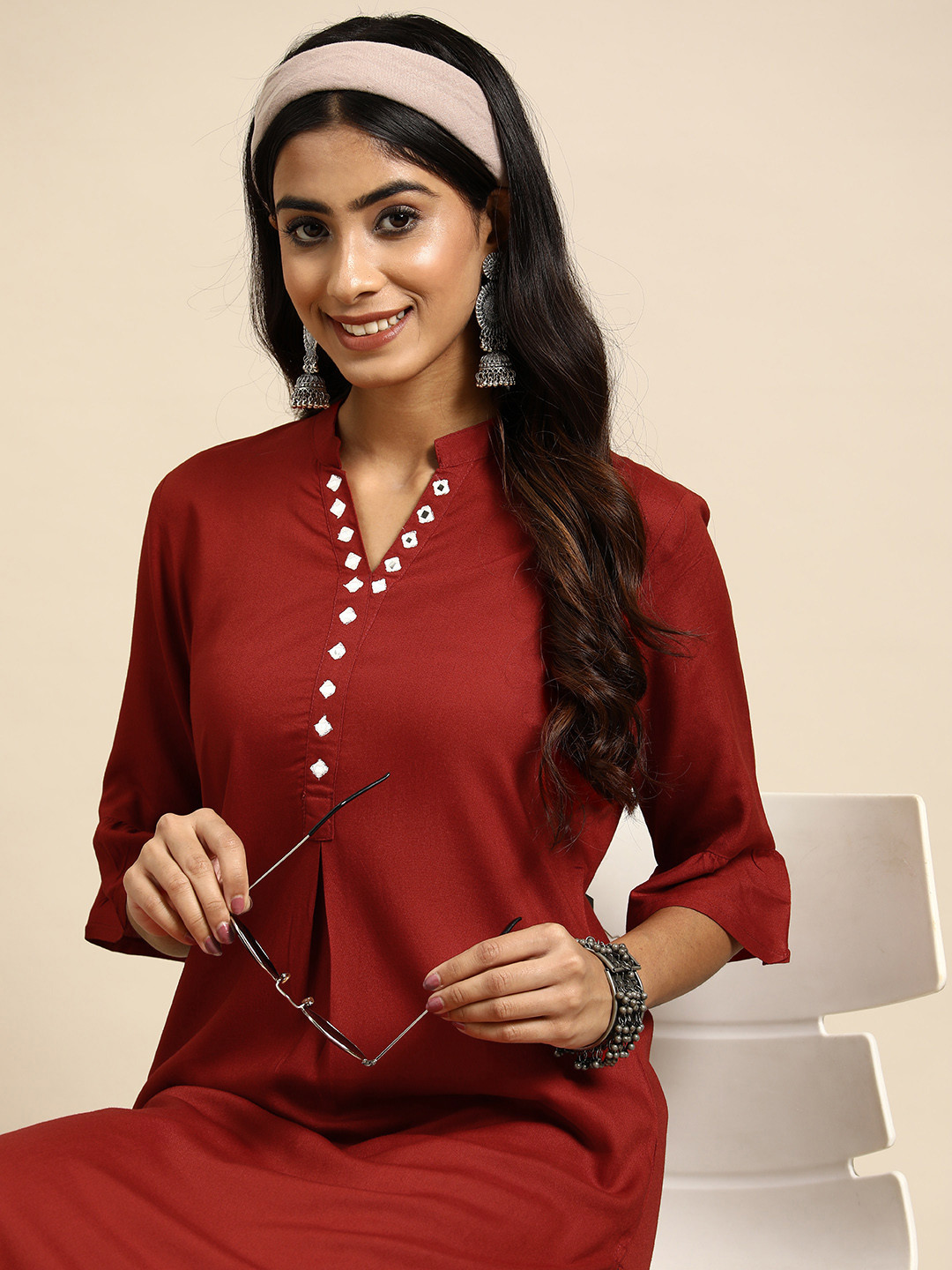 

Sangria Women Mirror Work Kurta with Polka Dots Palazzos, Red