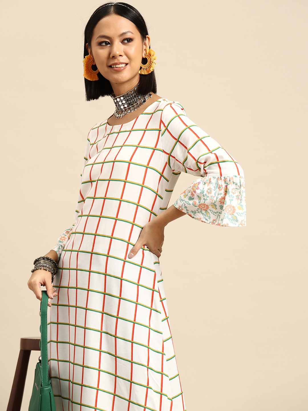 

Sangria Checked Bell Sleeves A-Line Kurta, White