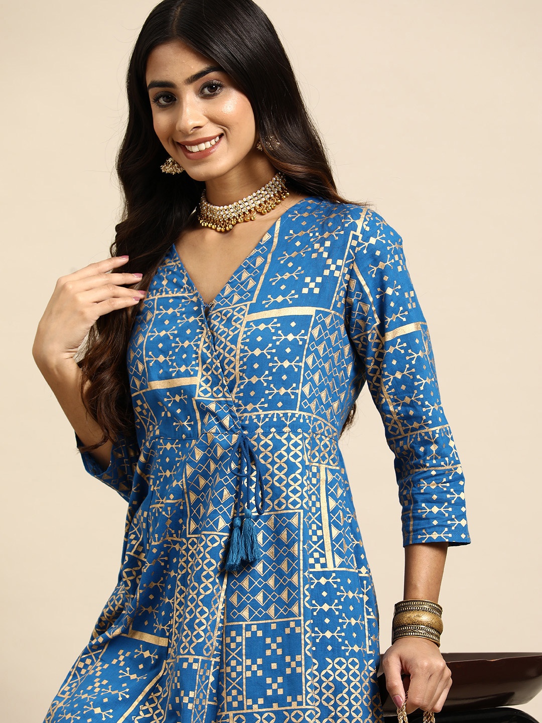 

Sangria Women Ethnic Motifs Printed Angrakha Pure Cotton Anarkali Kurta with Trousers, Blue