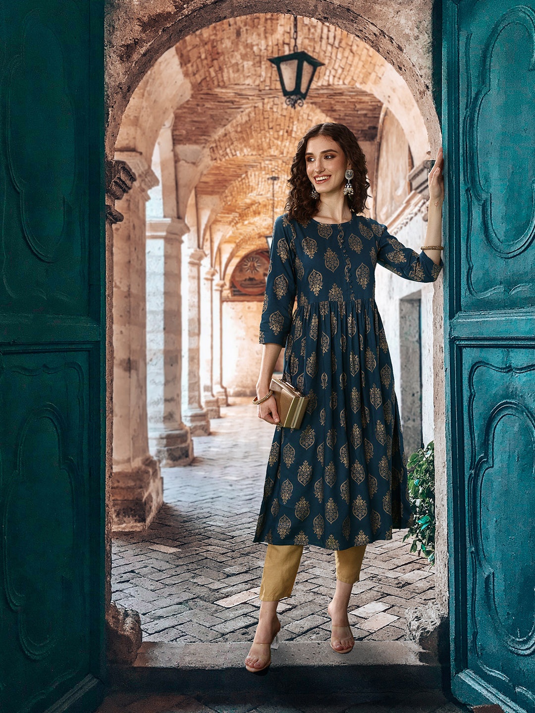 

Sangria Ethnic Motifs Print A-Line Kurta, Teal