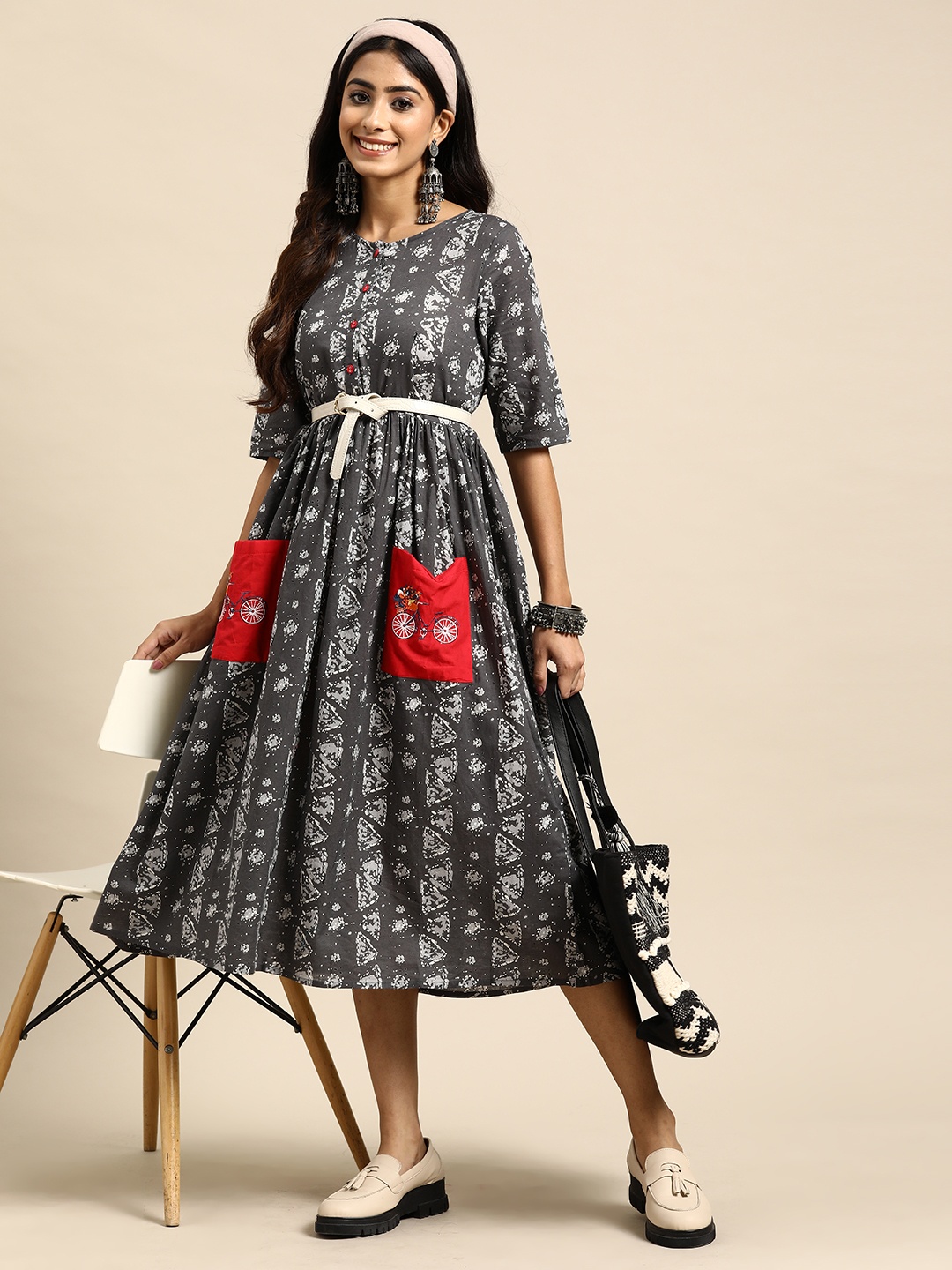 

Sangria Printed Pure Cotton Fit & Flare Ethnic Dress, Grey