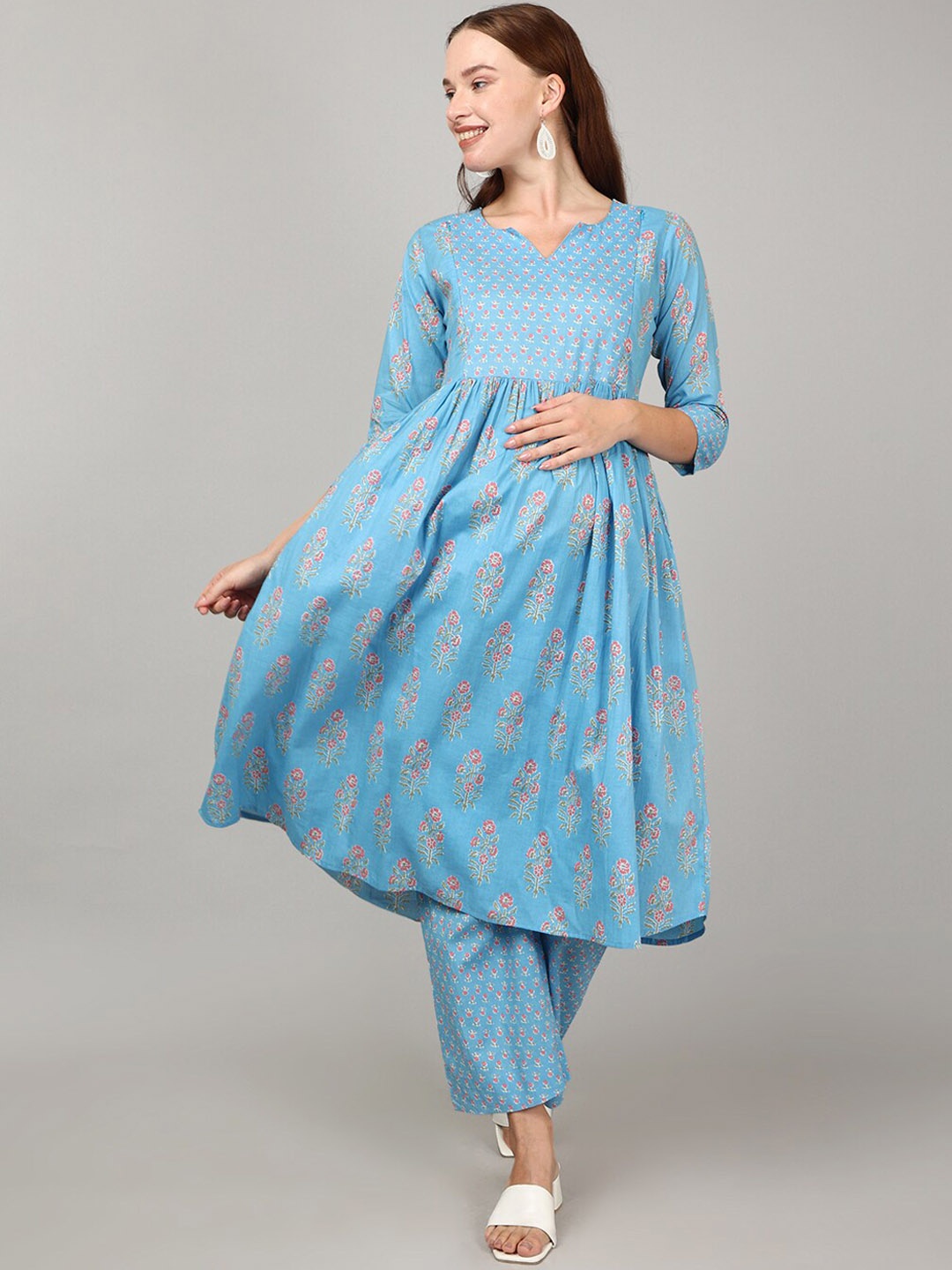 

The Mom Store Floral Printed Feeding Zip Maternity Pure Cotton Kurta with Trousers, Blue