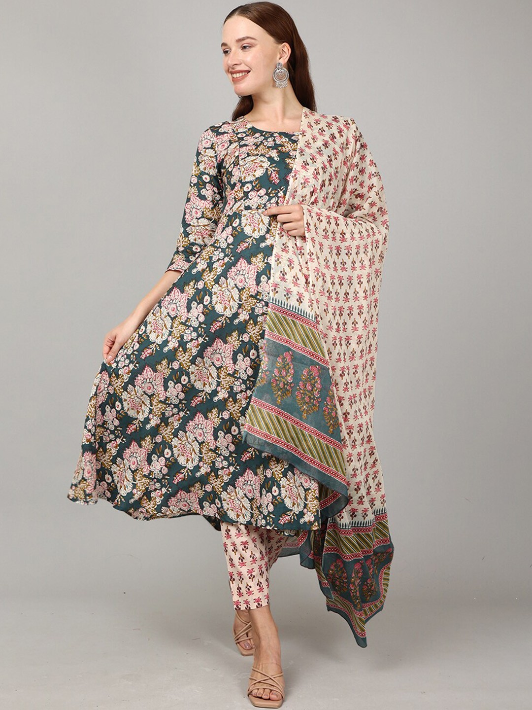 

The Mom Store Floral Printed Feeding Zip Pure Cotton Kurta with Trousers & Dupatta, Teal
