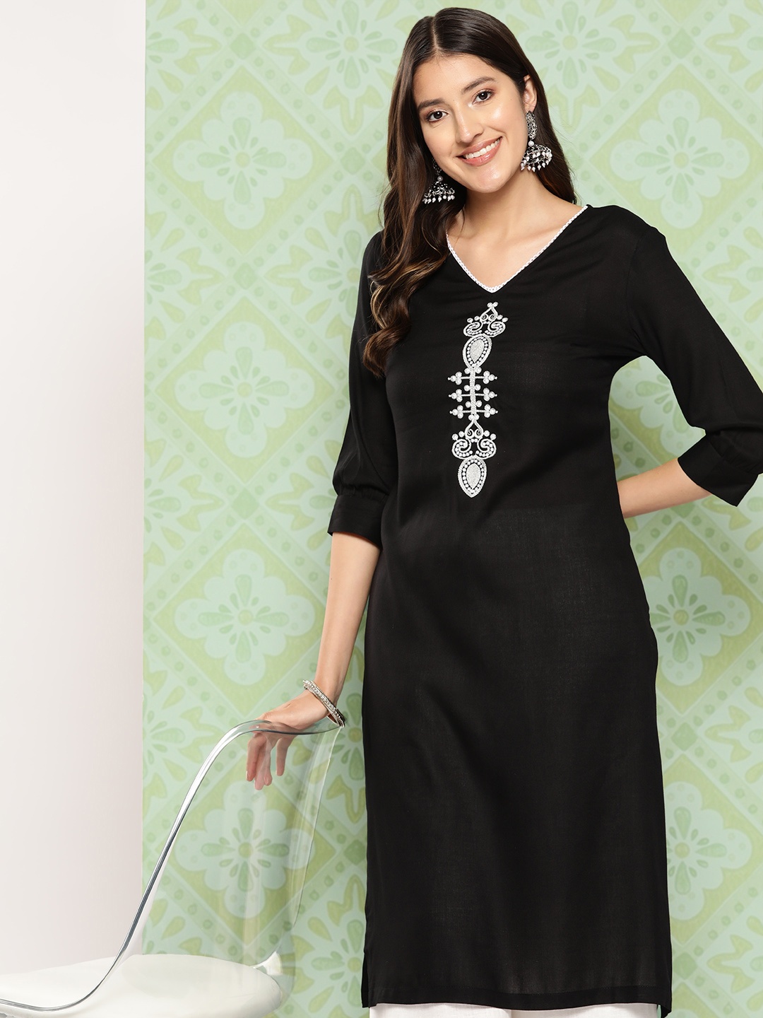 

Sangria Women Ethnic Motifs Embroidered Kurta, Black