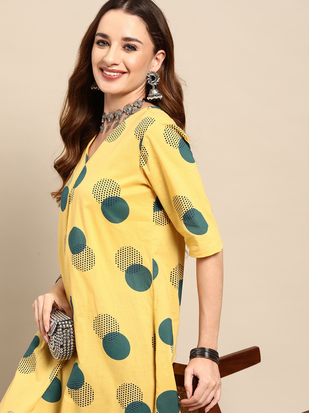 

Sangria Women Pure Cotton Geometric Printed Pleated A-Line Kurta, Yellow
