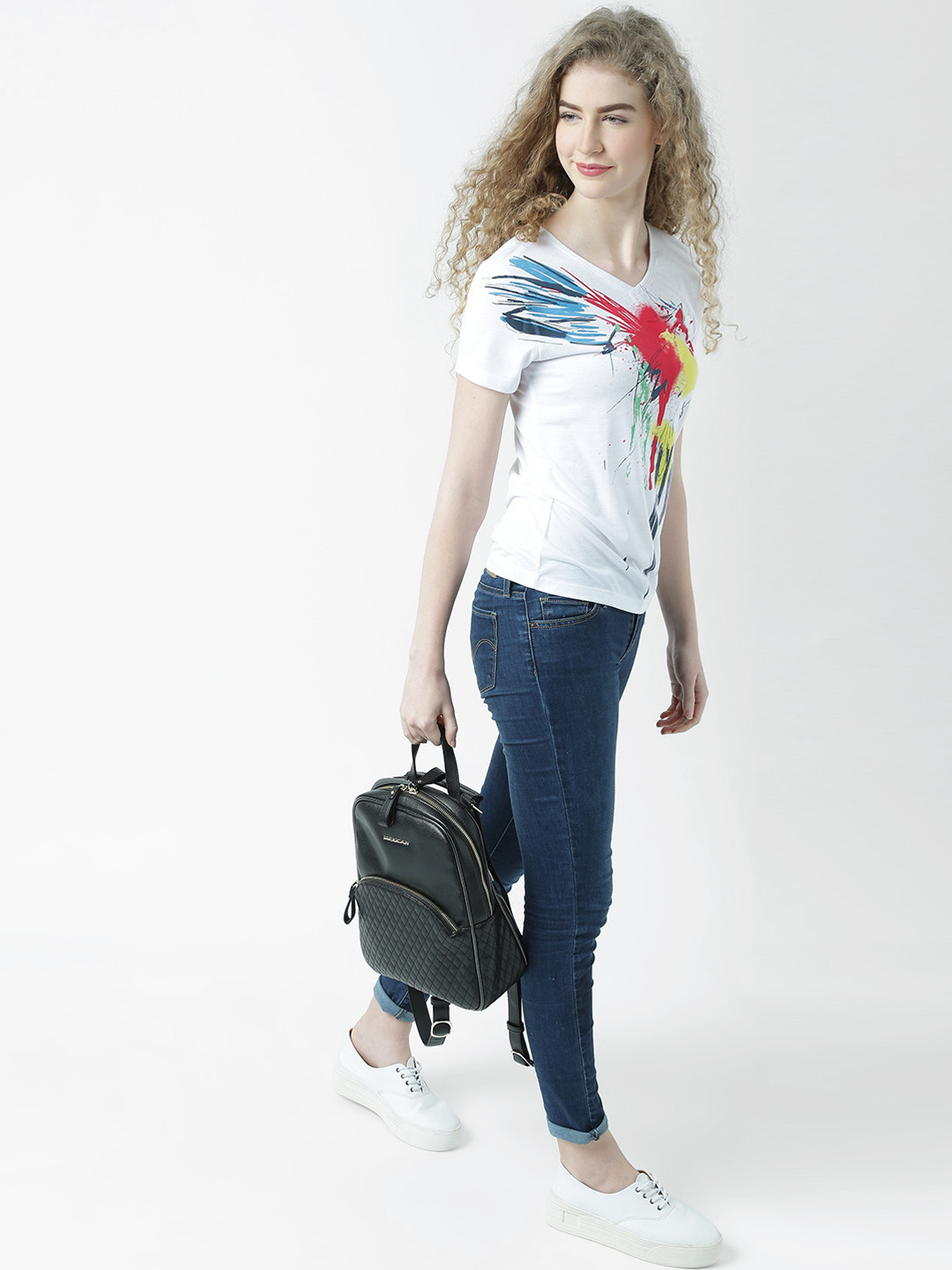 

Huetrap Women White Printed V-Neck T-shirt