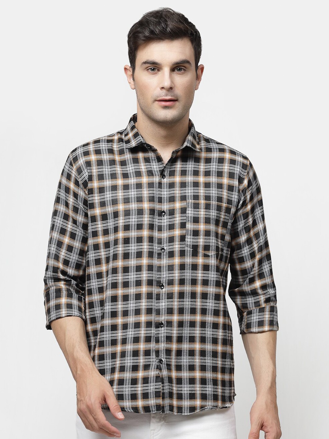 

ADWYN PETER Checked Spread Collar Casual Shirt, Black