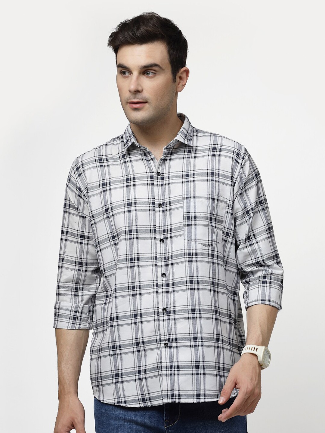 

ADWYN PETER Checked Spread Collar Casual Shirt, White