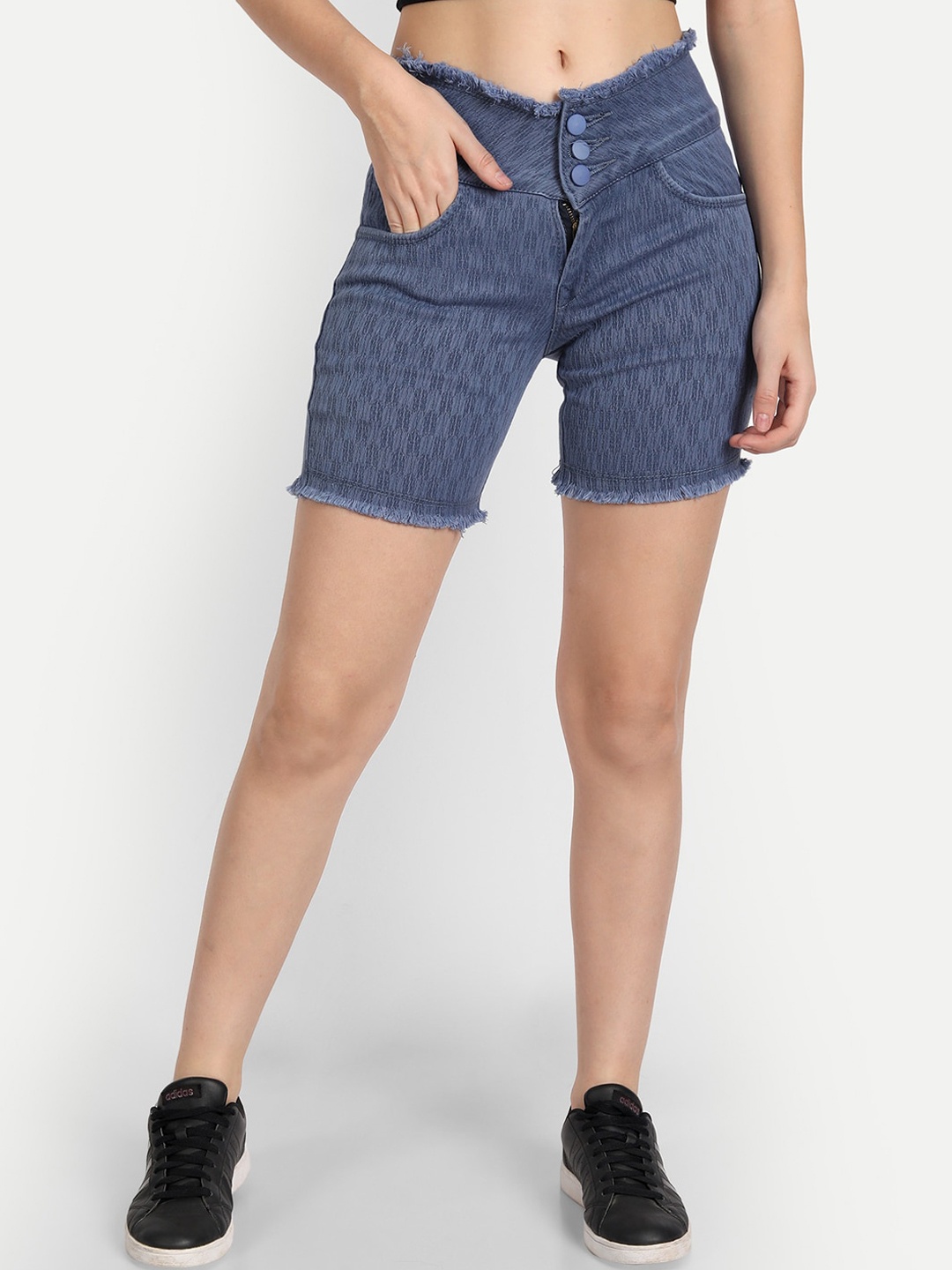

BAESD Women Self Design Cotton Denim Shorts, Blue