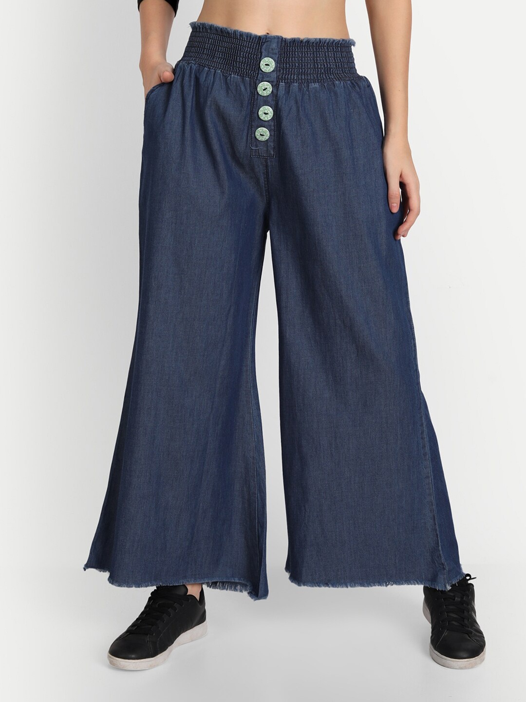 

BAESD Women Flared Chambray Cotton Denim Palazzos, Blue