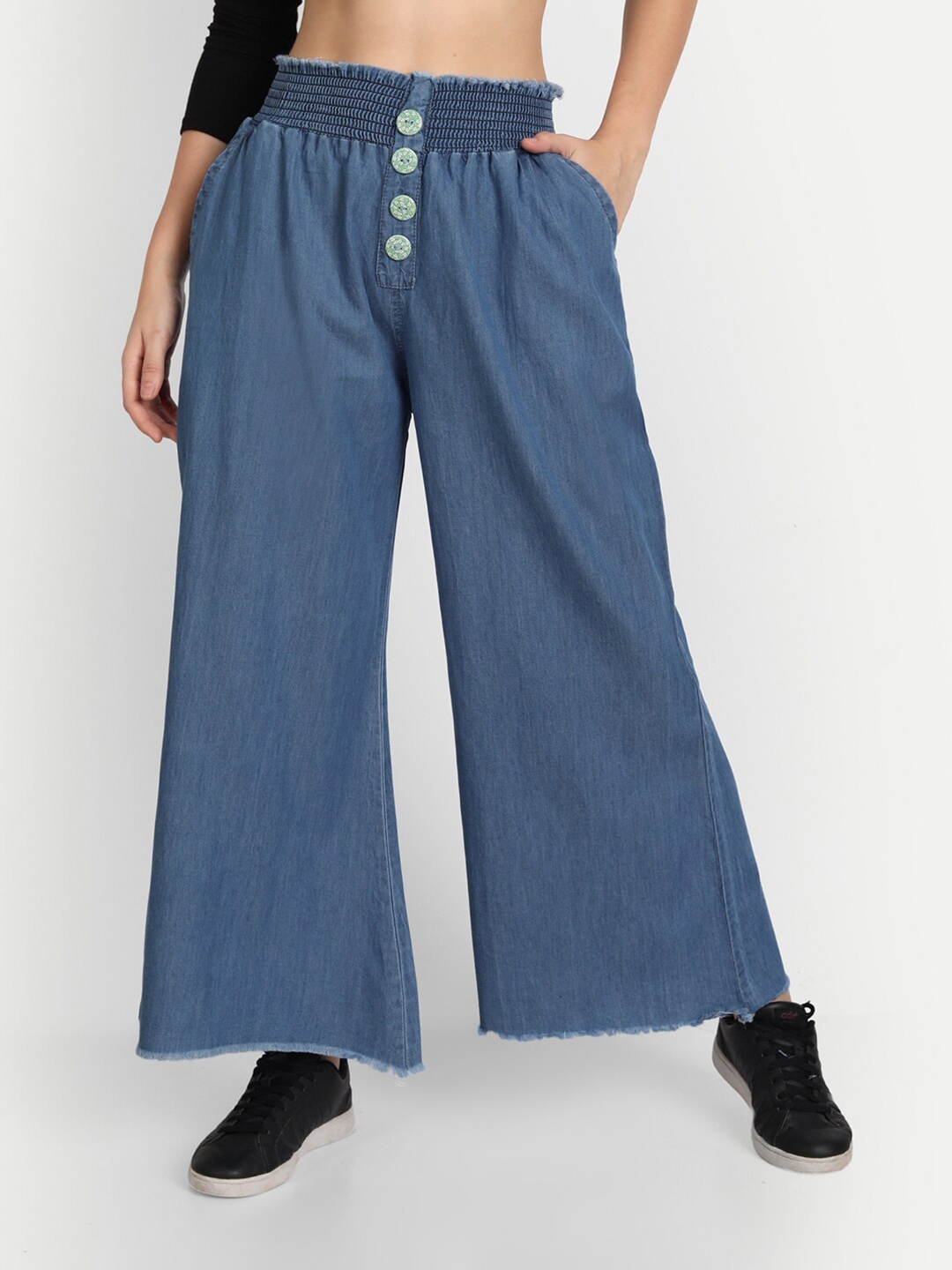 

BAESD Women Flared Chambray Cotton Denim Palazzos, Blue