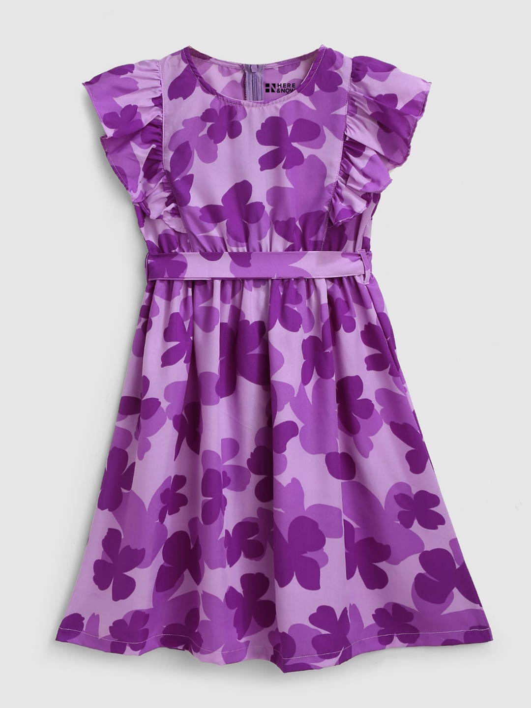 

HERE&NOW Girls Floral Print Crepe Fit & Flare Dress, Purple