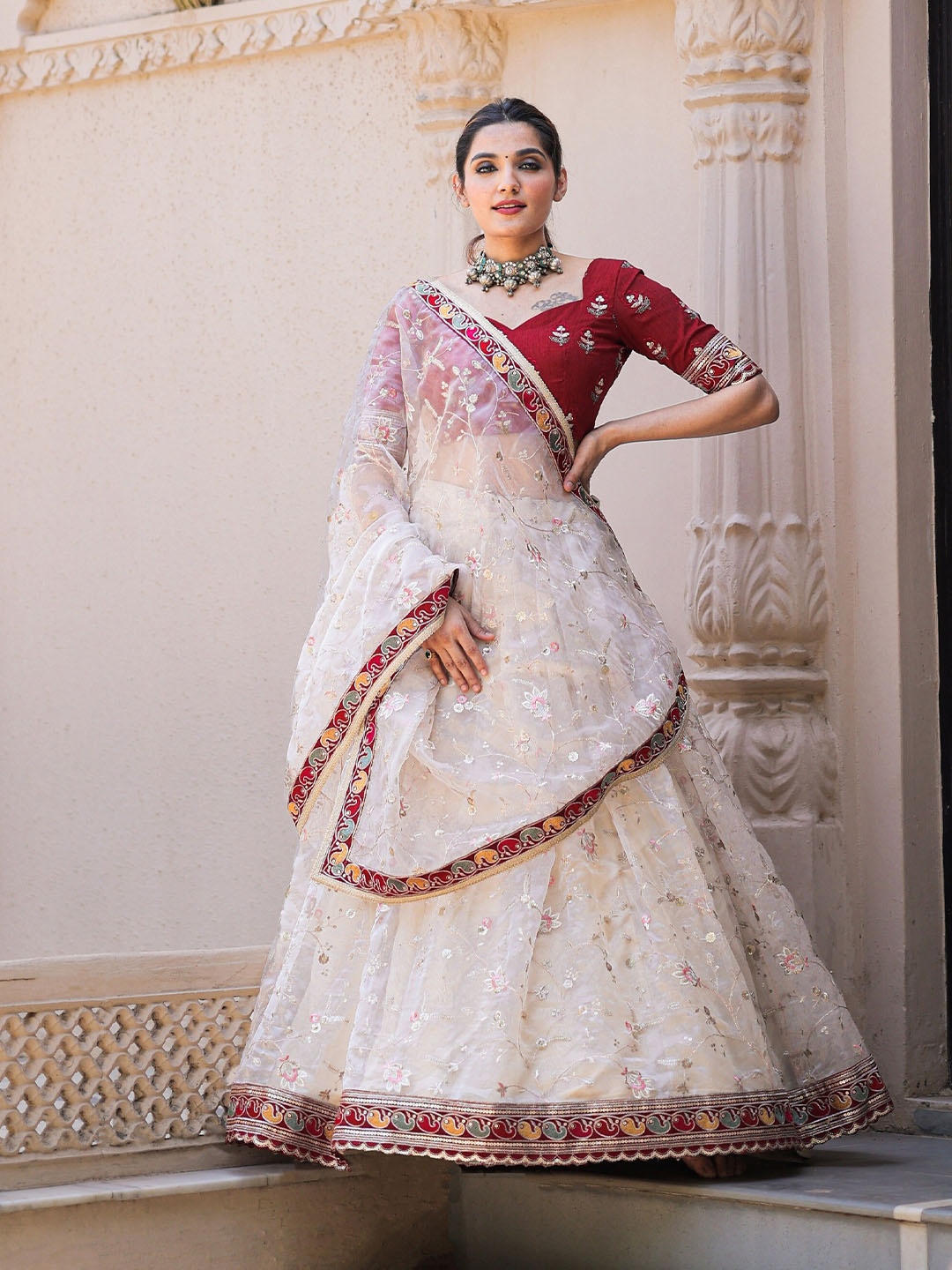 

LOOKNBOOK ART Embroidered Semi-Stitched Lehenga & Unstitched Blouse With Dupatta, Off white