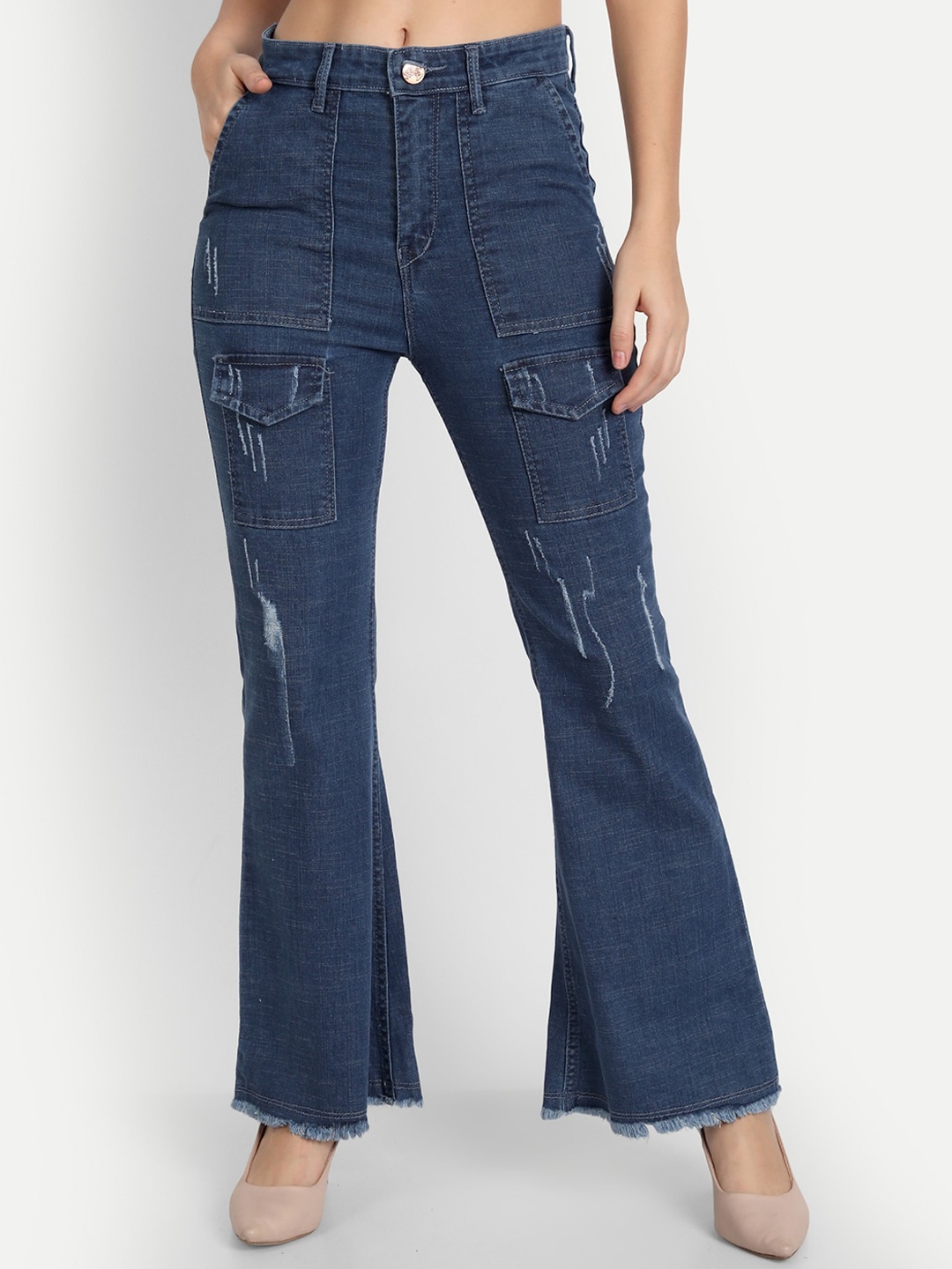 

BAESD Women Jean Bootcut High-Rise Mildly Distressed Cotton Jeans, Blue