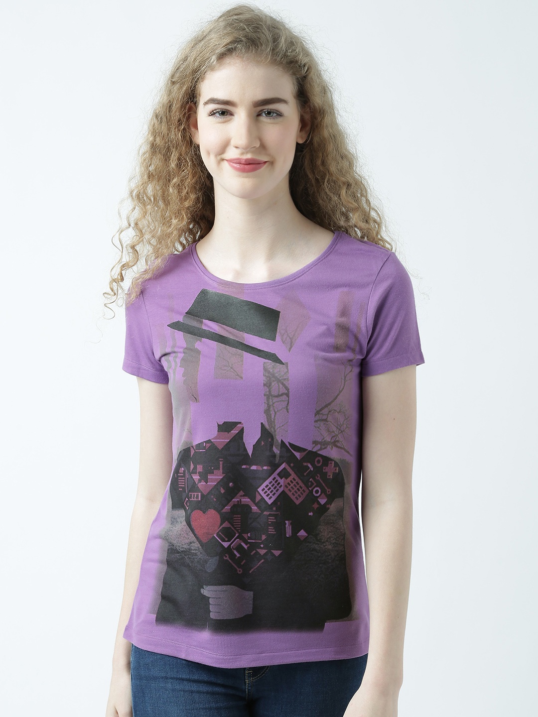 

Huetrap Women Lavender Printed Round Neck T-shirt
