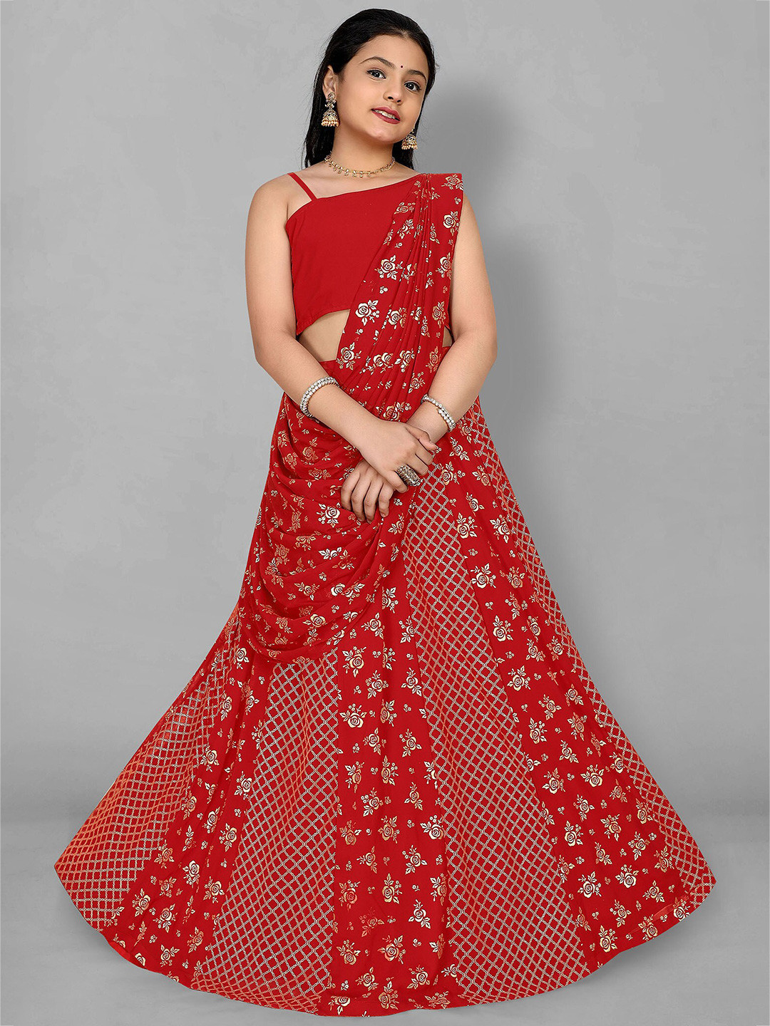 

FASHION DREAM Girls Floral Printed Ready to Wear Lehenga & Blouse With Dupatta, Red