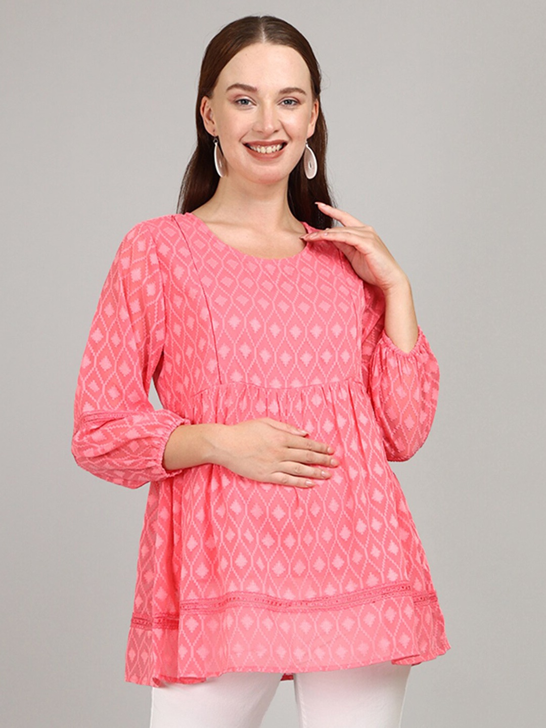 

The Mom Store Ethnic Motifs Printed Cotton Longline Top, Pink