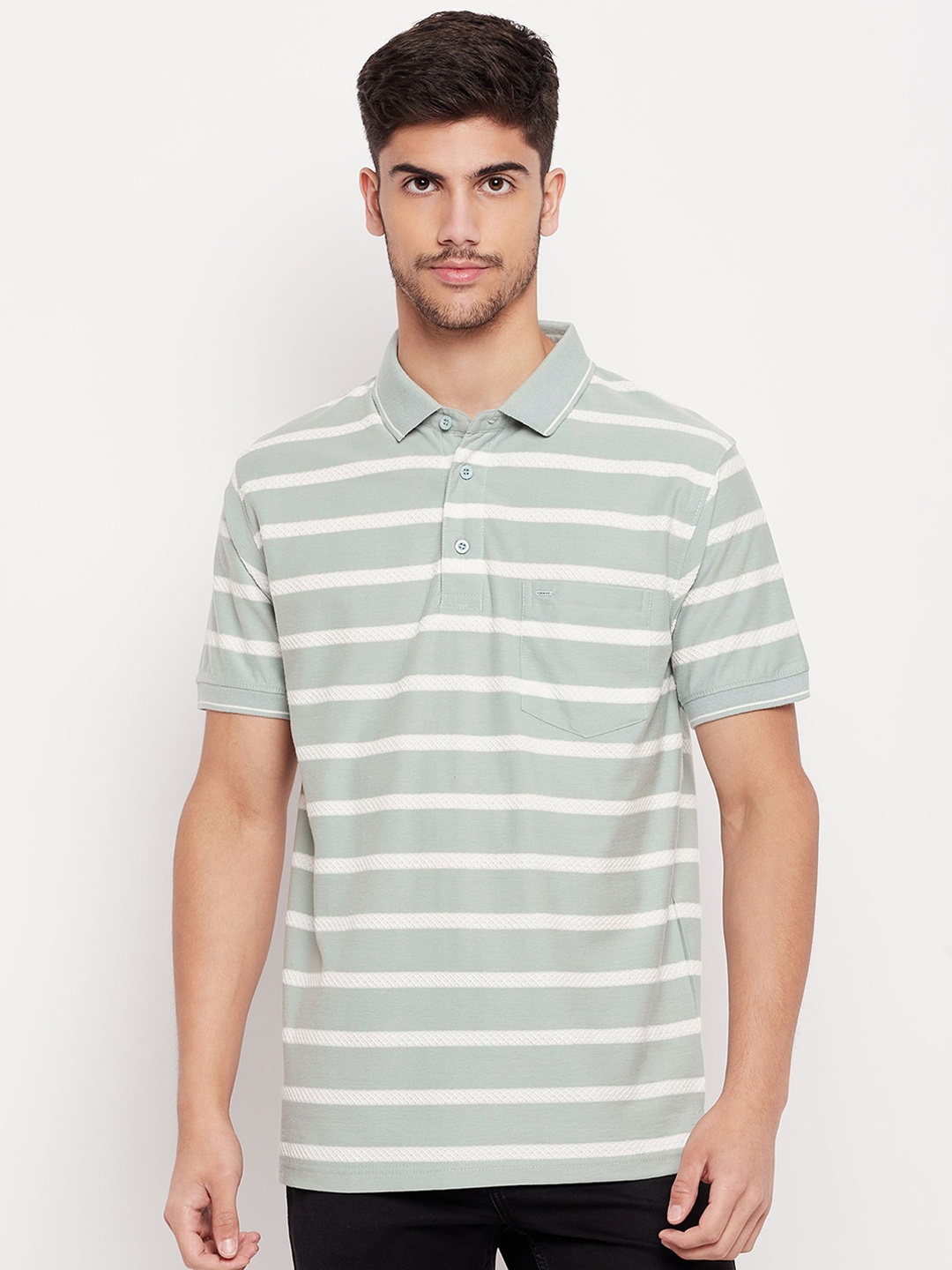 

Okane Striped Polo Collar T-shirt, Green