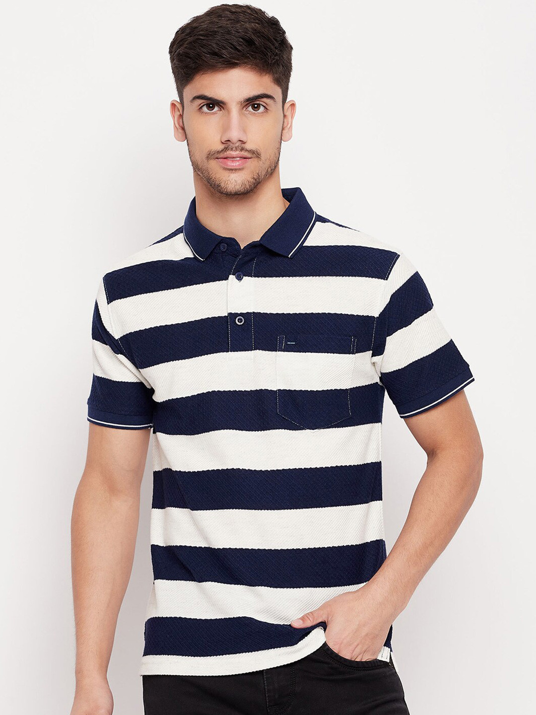 

Okane Striped Polo Collar T-shirt, Navy blue
