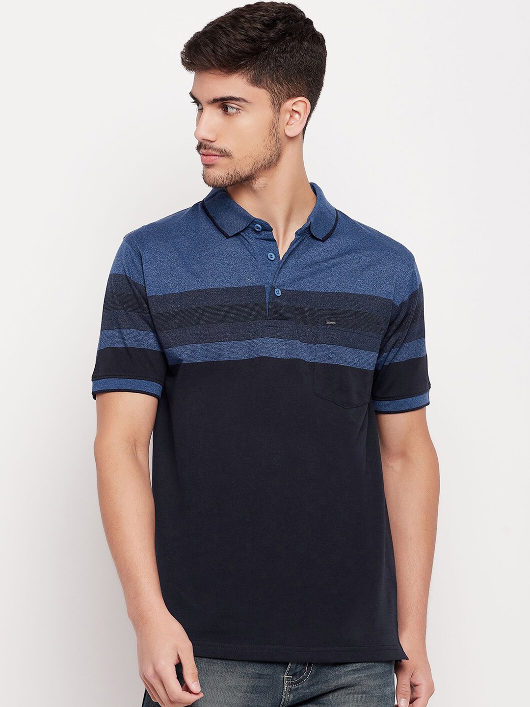 

Okane Striped Polo Collar T-shirt, Navy blue