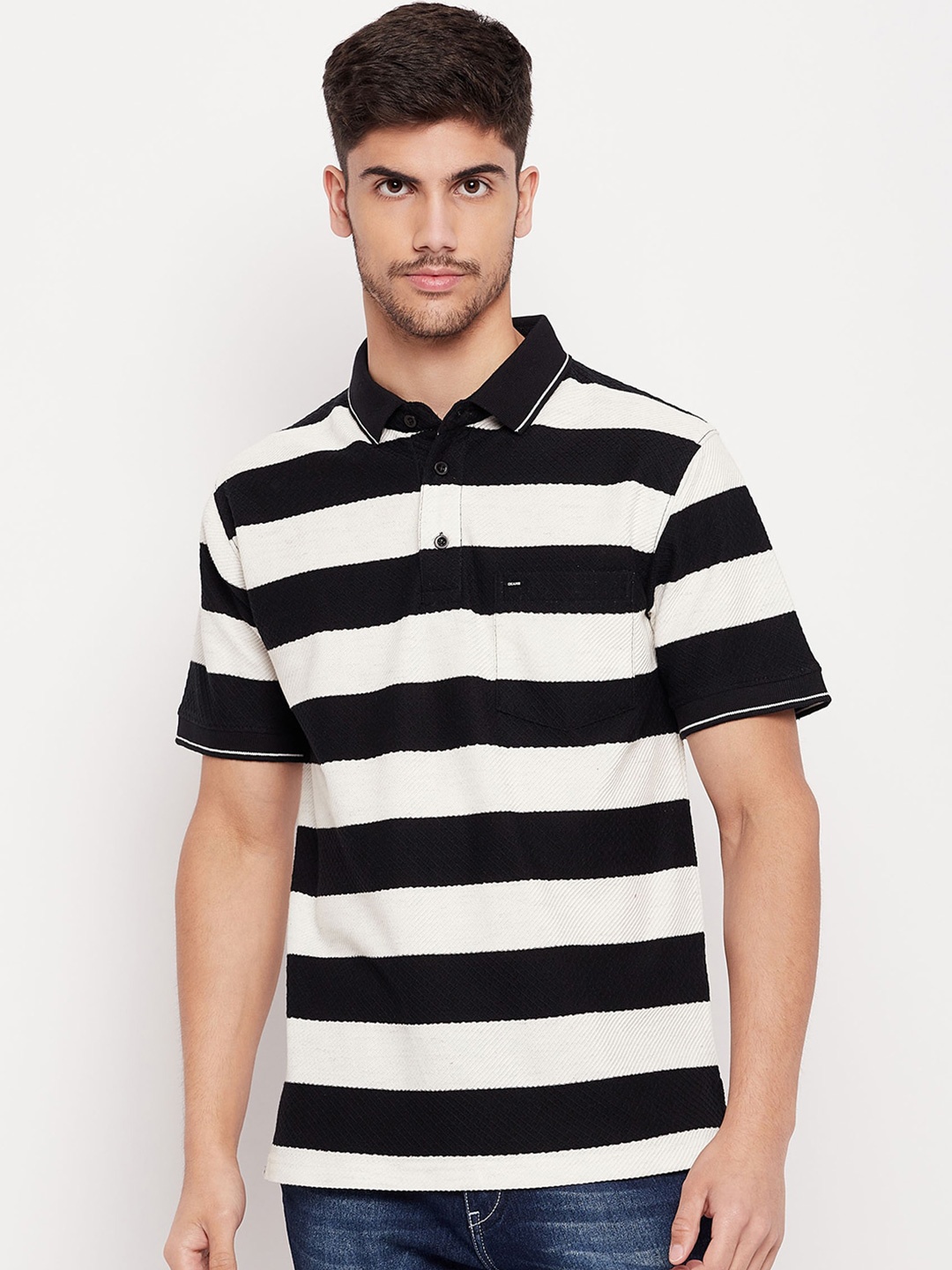 

Okane Striped Polo Collar Polyester T-shirt, Black
