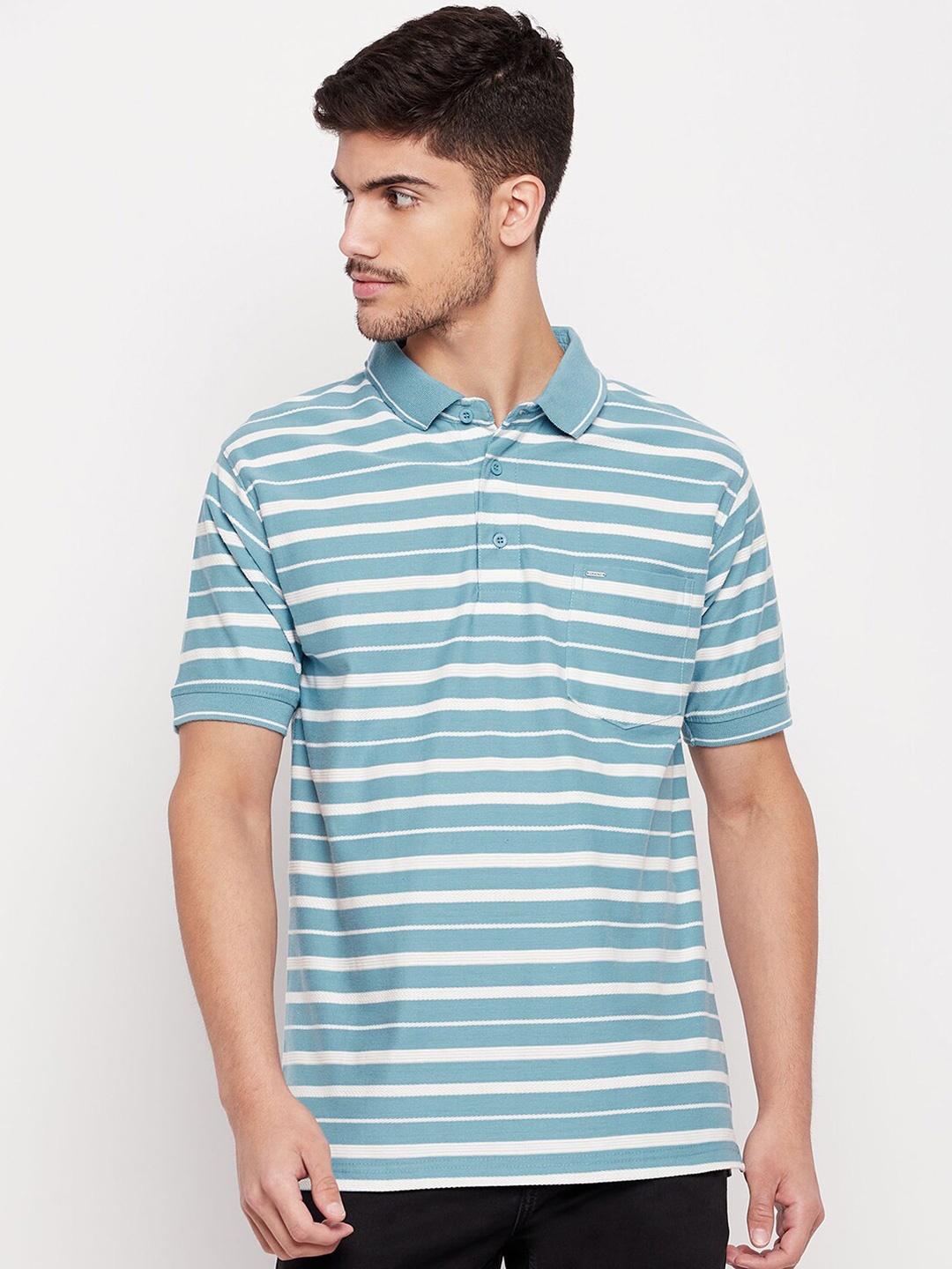 

Okane Striped Polo Collar T-shirt, Blue