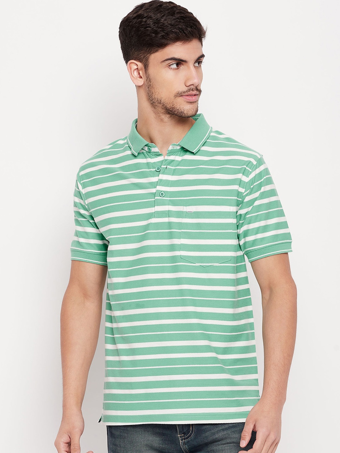 

Okane Horizontal Striped Polo Collar T-shirt, Green