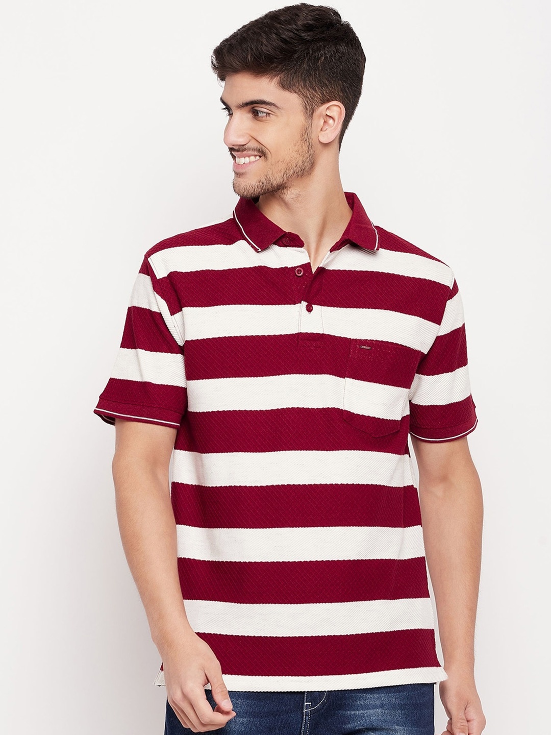 

Okane Striped Polo Collar T-shirt, Maroon