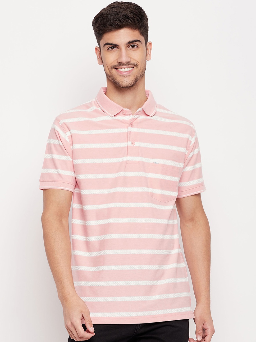 

Okane Striped Polo Collar Casual T-shirt, Pink