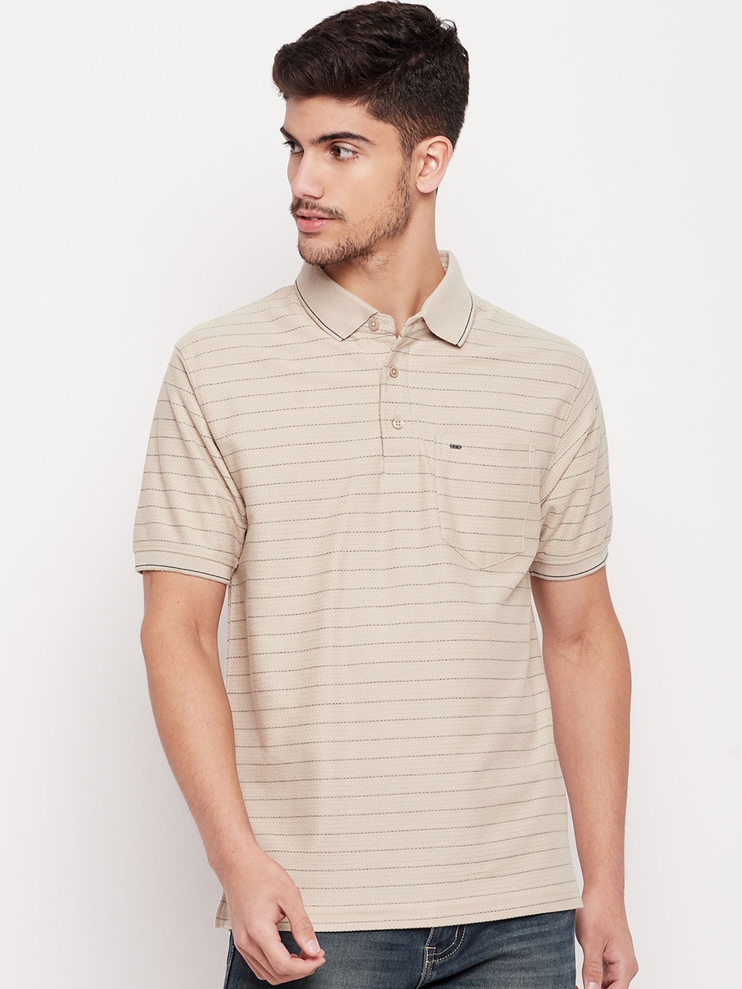 

Okane Striped Polo Collar T-shirt, Cream