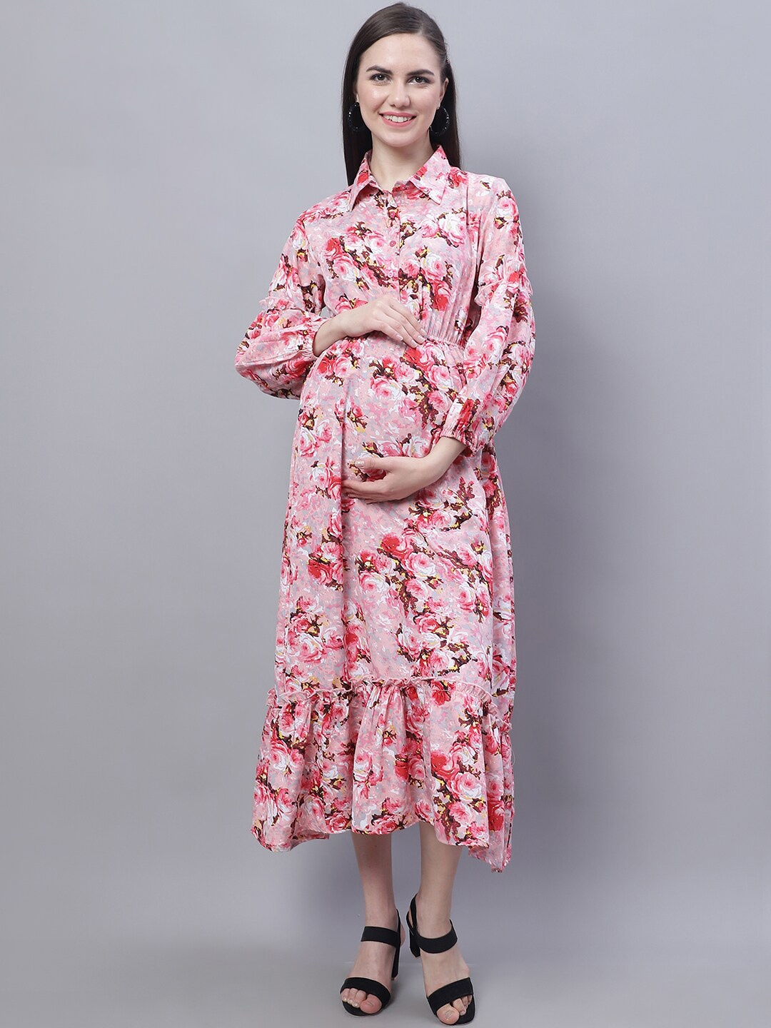 

Moms Maternity Floral Print Puff Sleeve Crepe Maternity Midi Shirt Dress, Pink