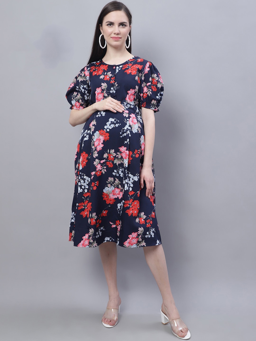 

Moms Maternity Floral Print Puff Sleeve Crepe Maternity Fit & Flare Dress, Navy blue