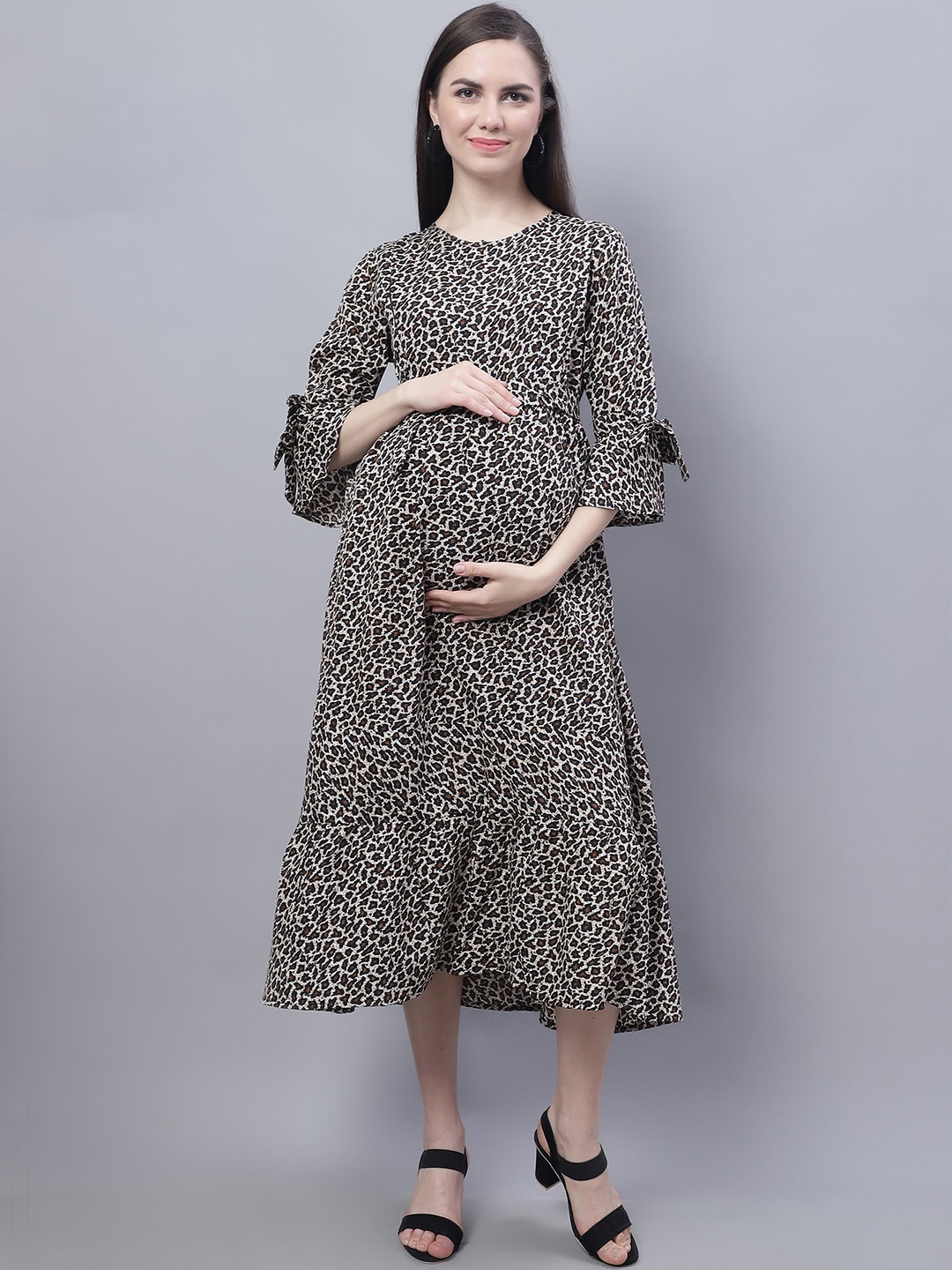 

Moms Maternity Animal Print Bell Sleeve Crepe Maternity Fit & Flare Dress, Beige