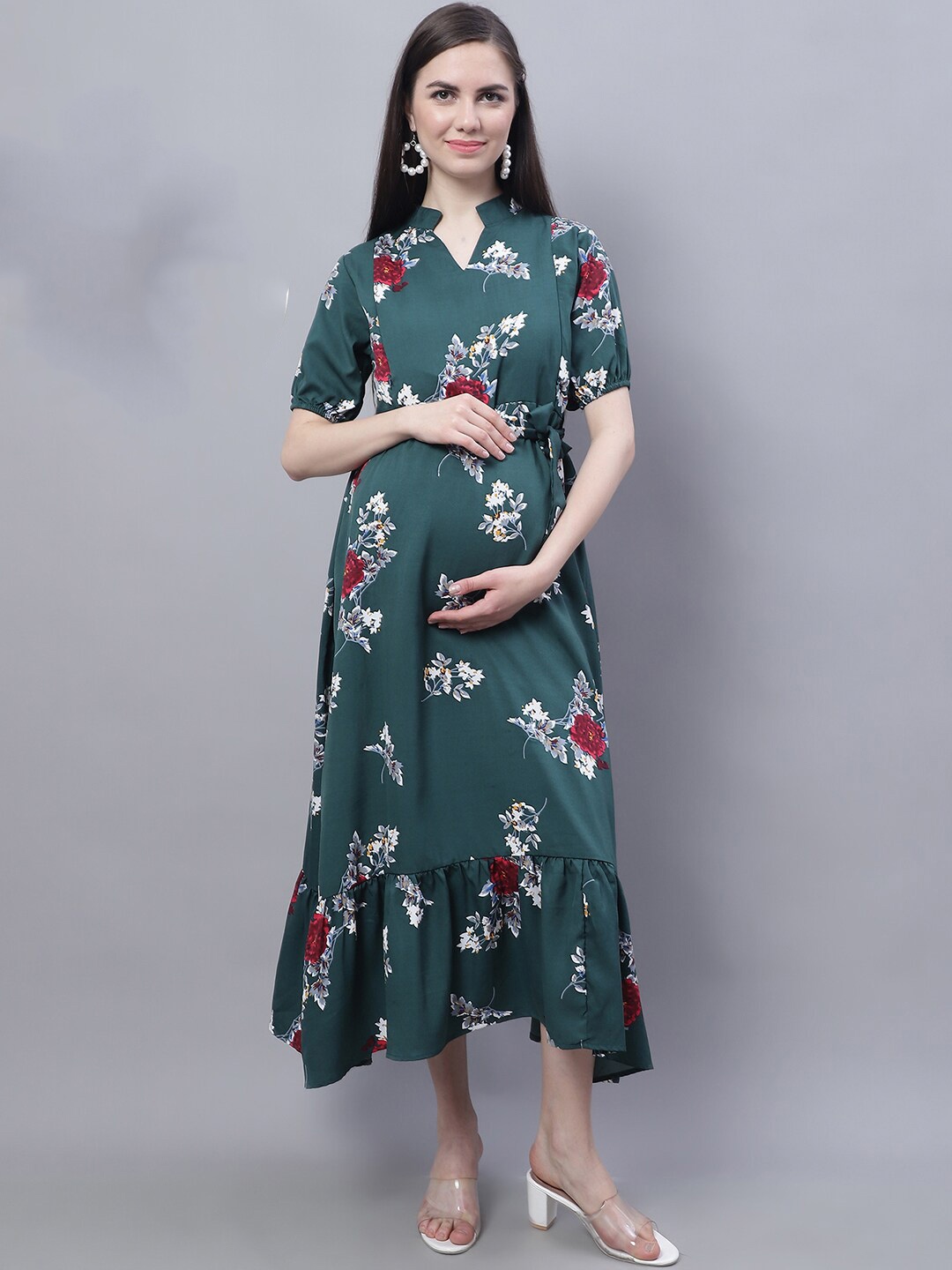

Moms Maternity Floral Print Puff Sleeve Crepe Maternity Fit & Flare Dress, Green