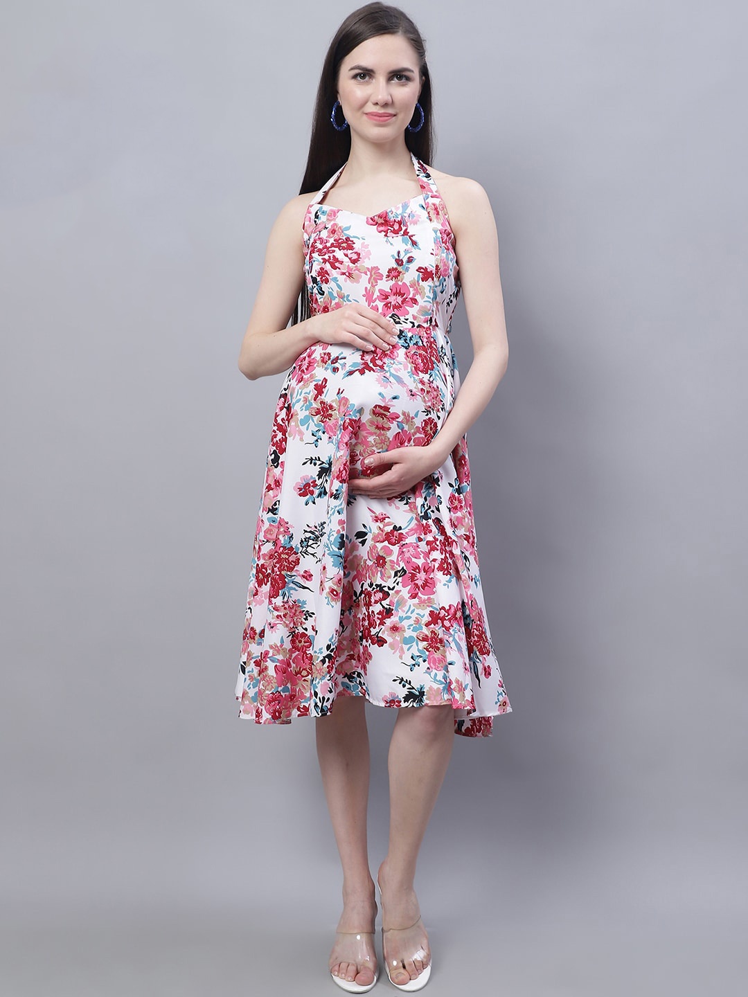 

Moms Maternity Feeding Floral Printed Shoulder Straps Maternity Fit & Flare Dress, White