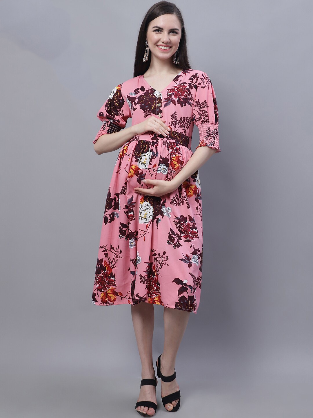 

Moms Maternity Feeding Floral Printed V-Neck Puff Sleeves Maternity Fit & Flare Dress, Pink