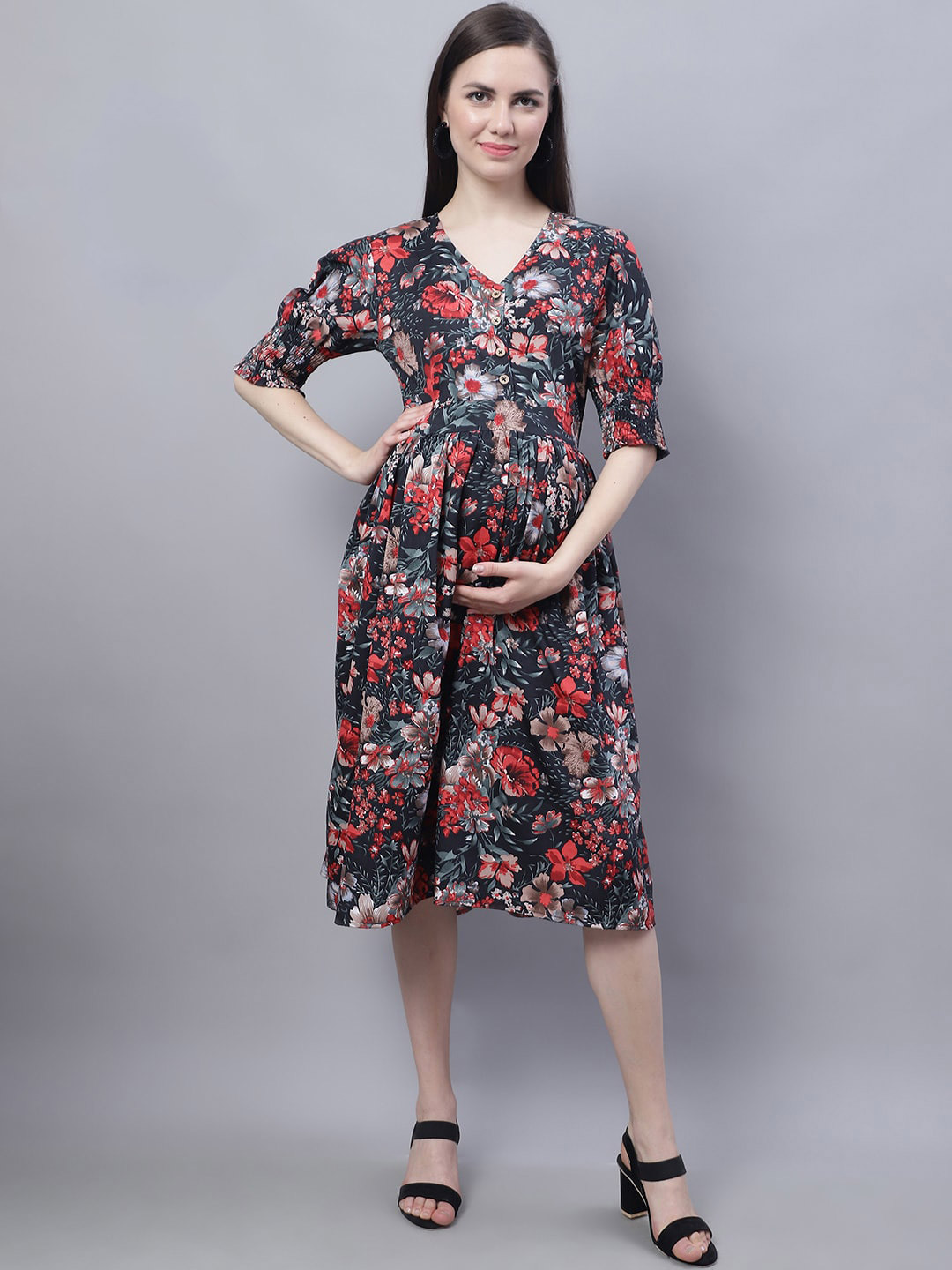 

Moms Maternity Floral Printed Smocked Fit &Flare Dress, Black